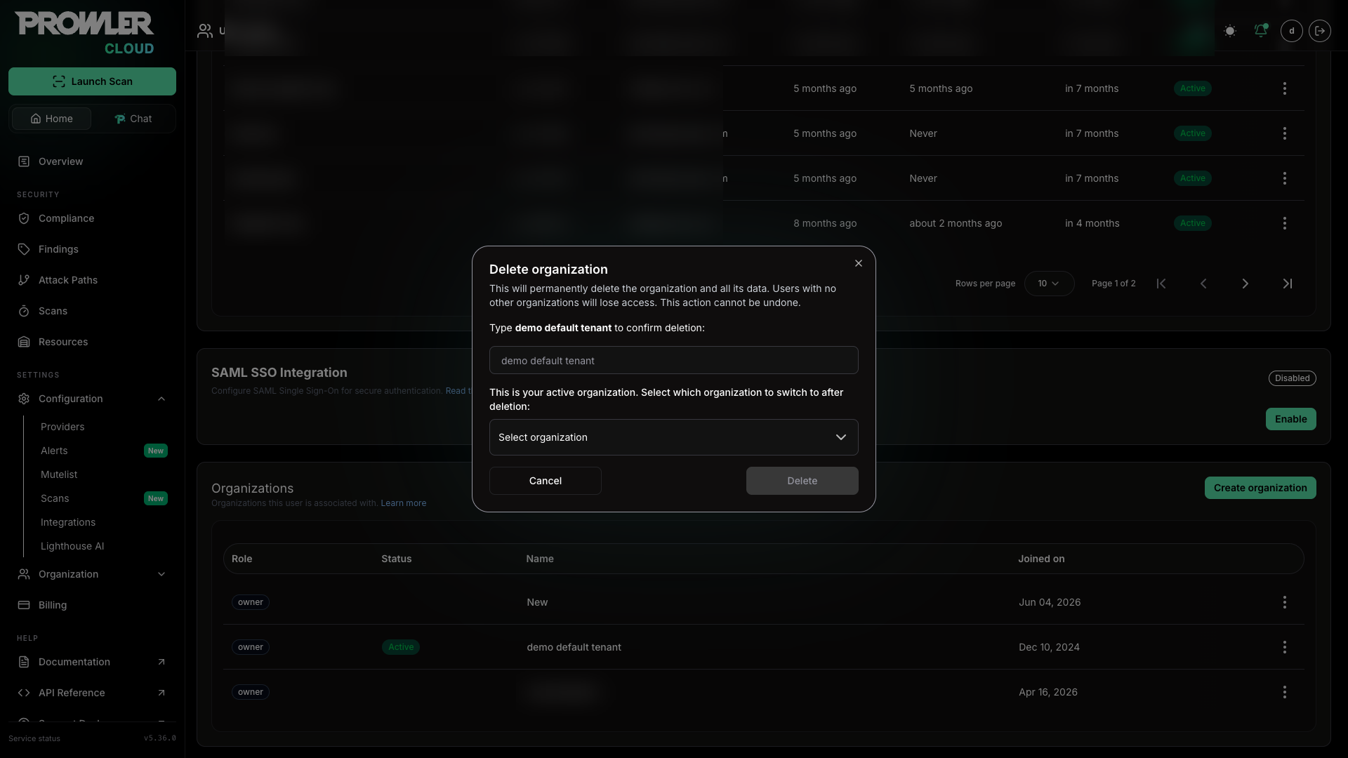 Delete active organization modal with target selection
