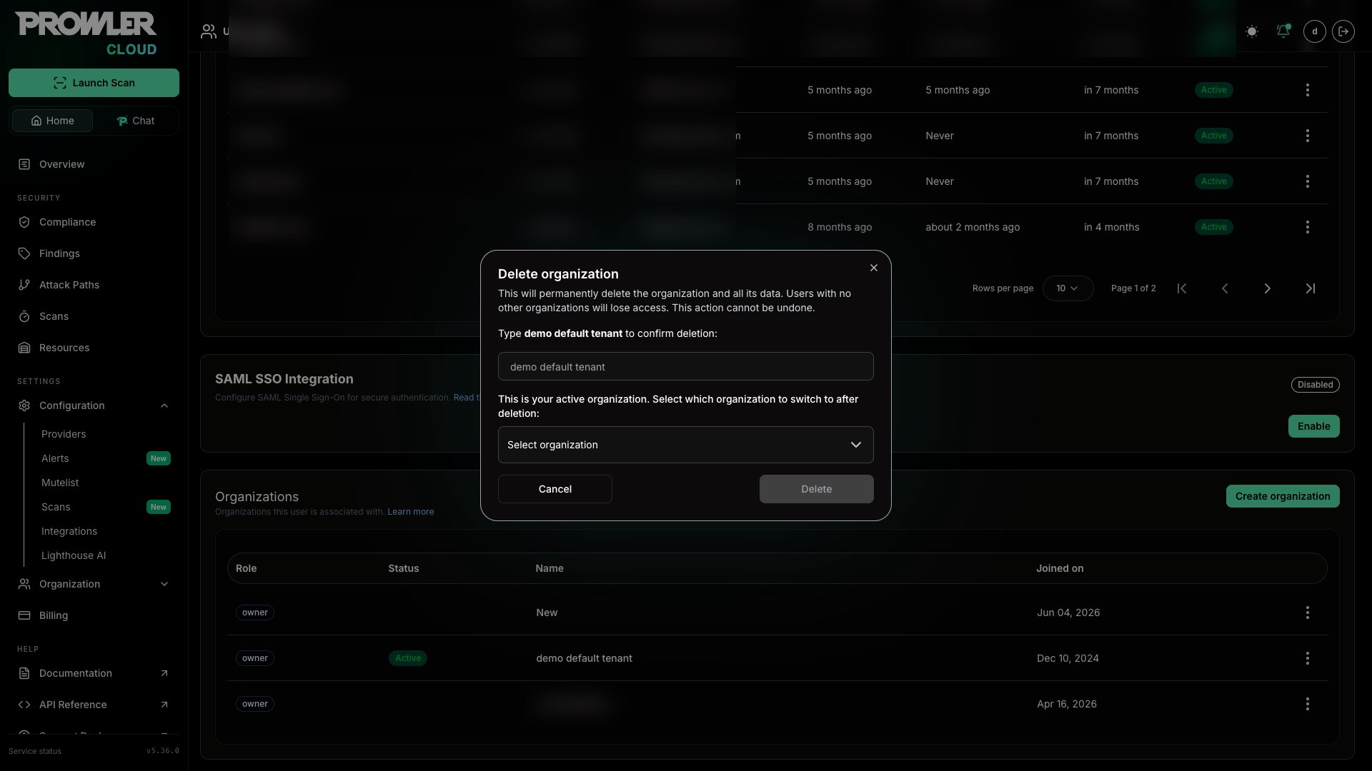 Delete active organization modal with target selection