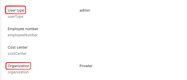 Okta User Profile — User Type and Organization