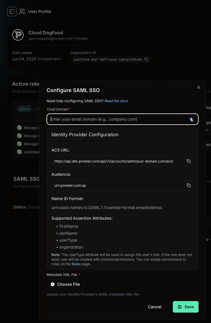 Prowler Cloud - Configure SAML SSO dialog (initial state)
