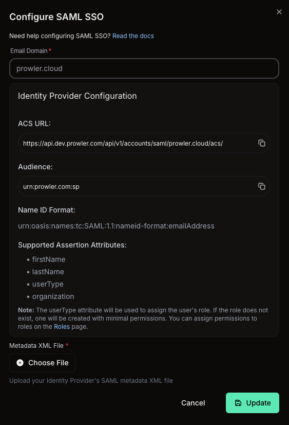 Prowler Cloud - Configure SAML SSO dialog (domain entered and ready to save)