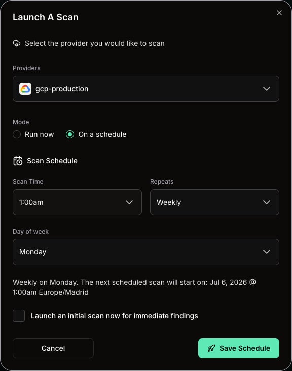 Launch A Scan modal showing On a schedule mode, weekly schedule controls, and Save Schedule button