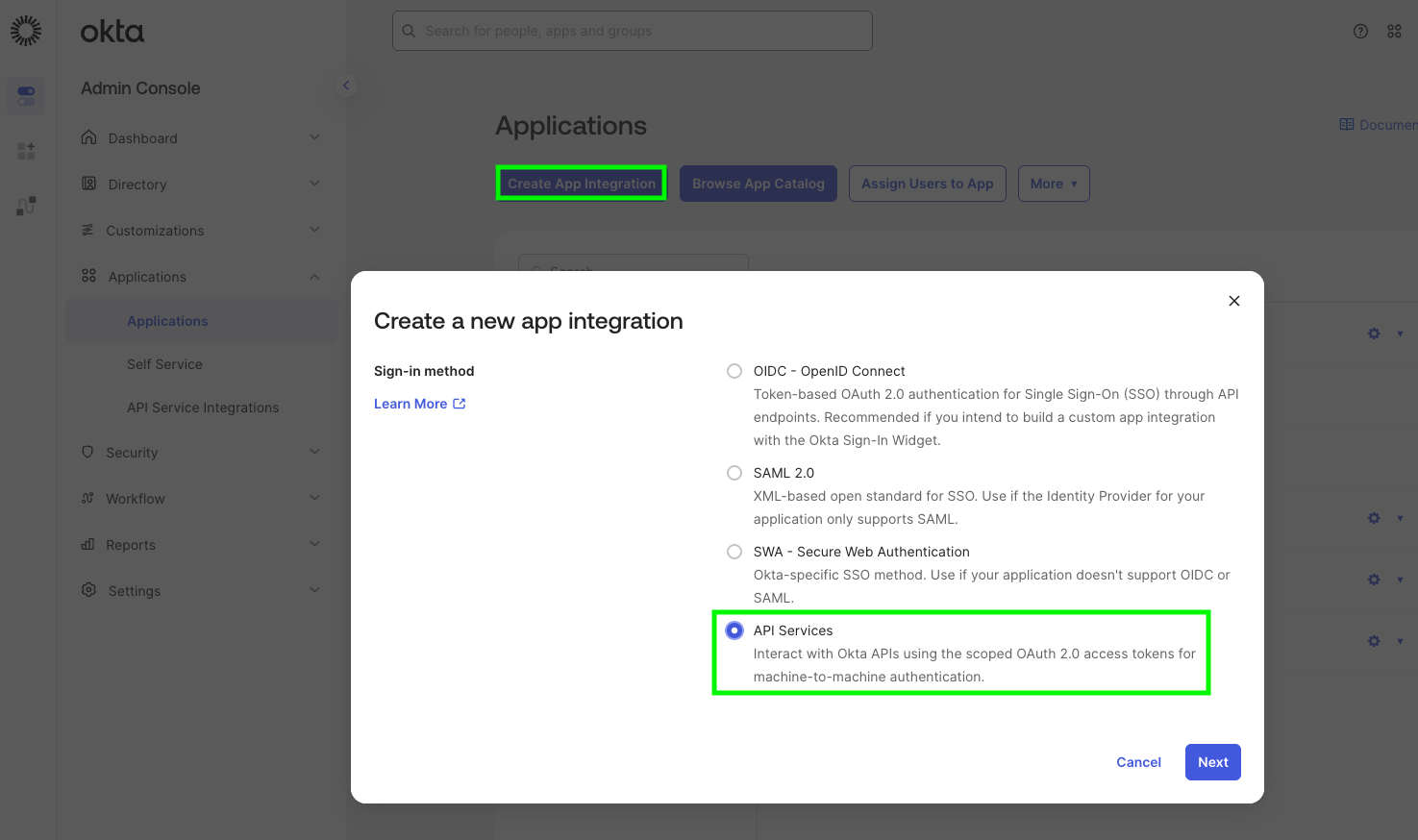 Okta — create App integration