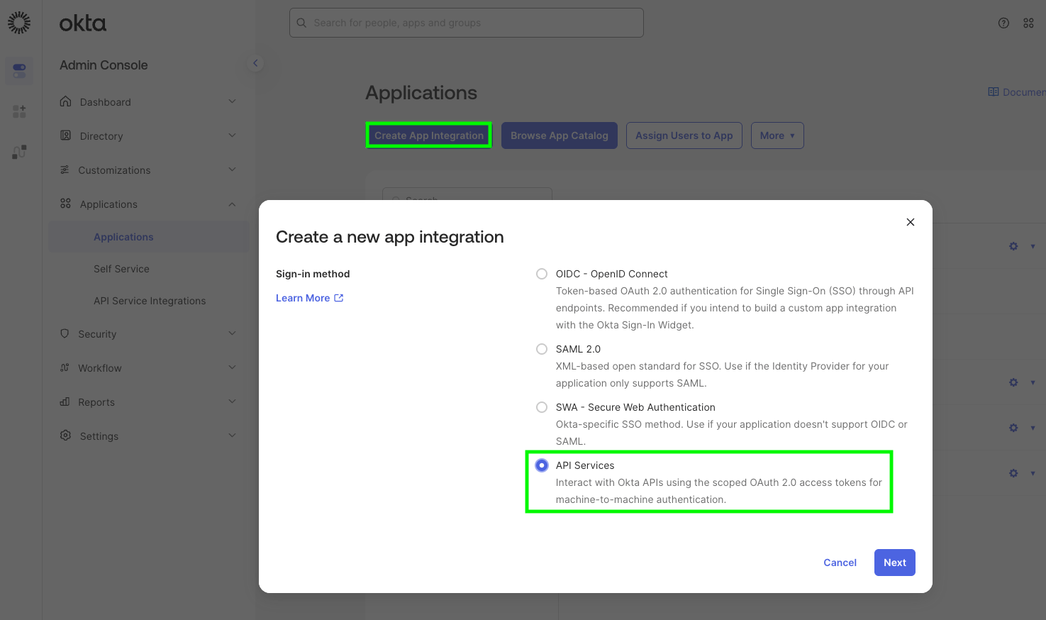 Okta — create App integration