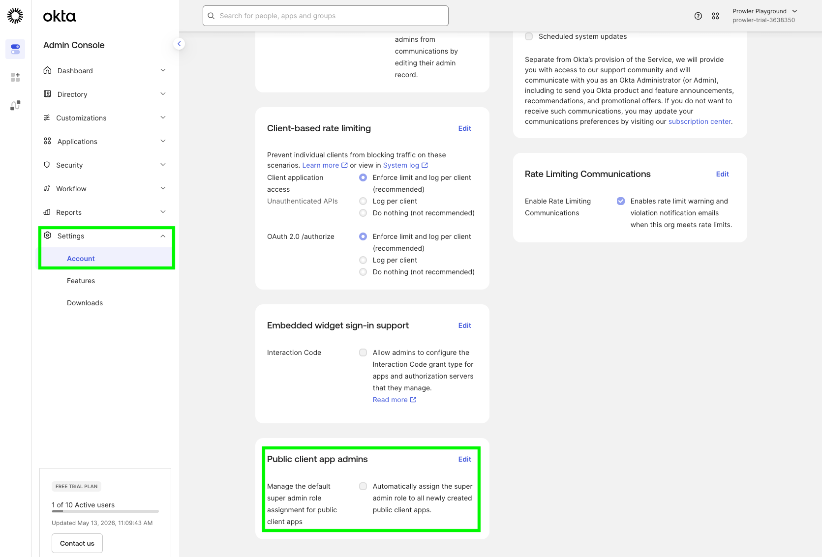 Okta — disable Public client app admins