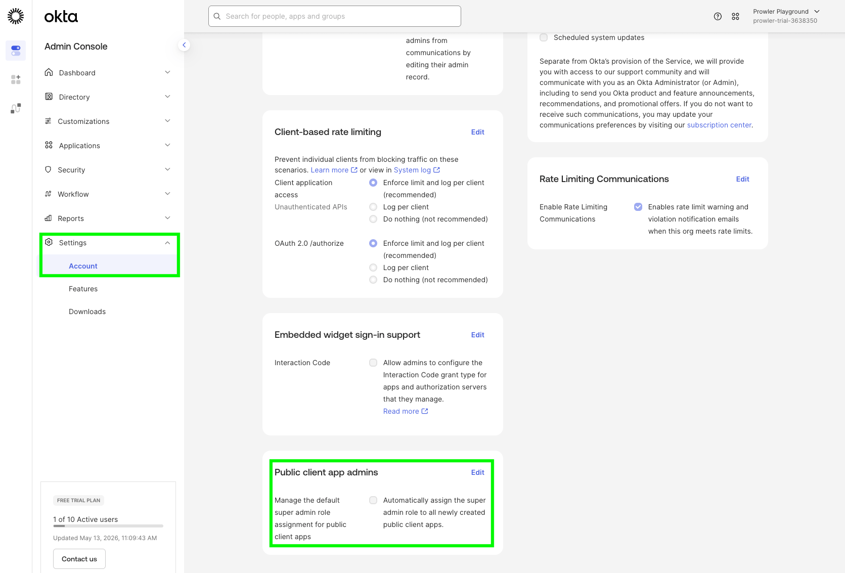 Okta — disable Public client app admins