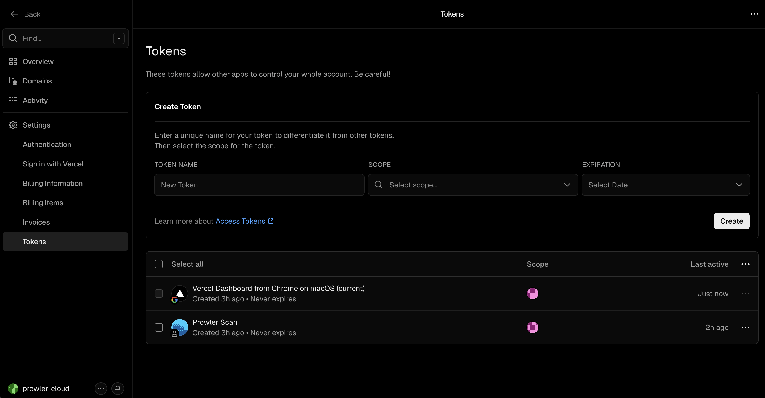 Create Vercel Token