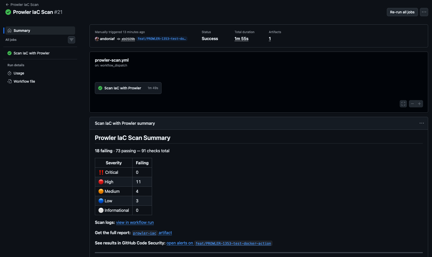 GitHub Actions run page showing the Prowler IaC Scan Summary with failing and passing counts, severity breakdown, scan log link, artifact link, and GitHub Code Security link