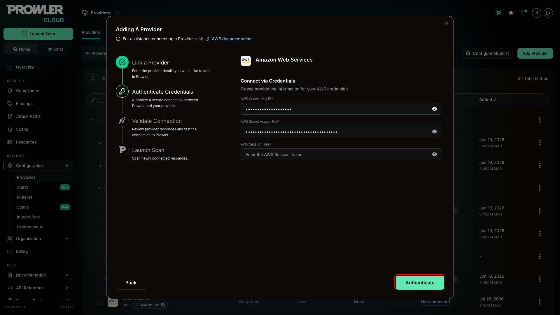 Filled credentials page