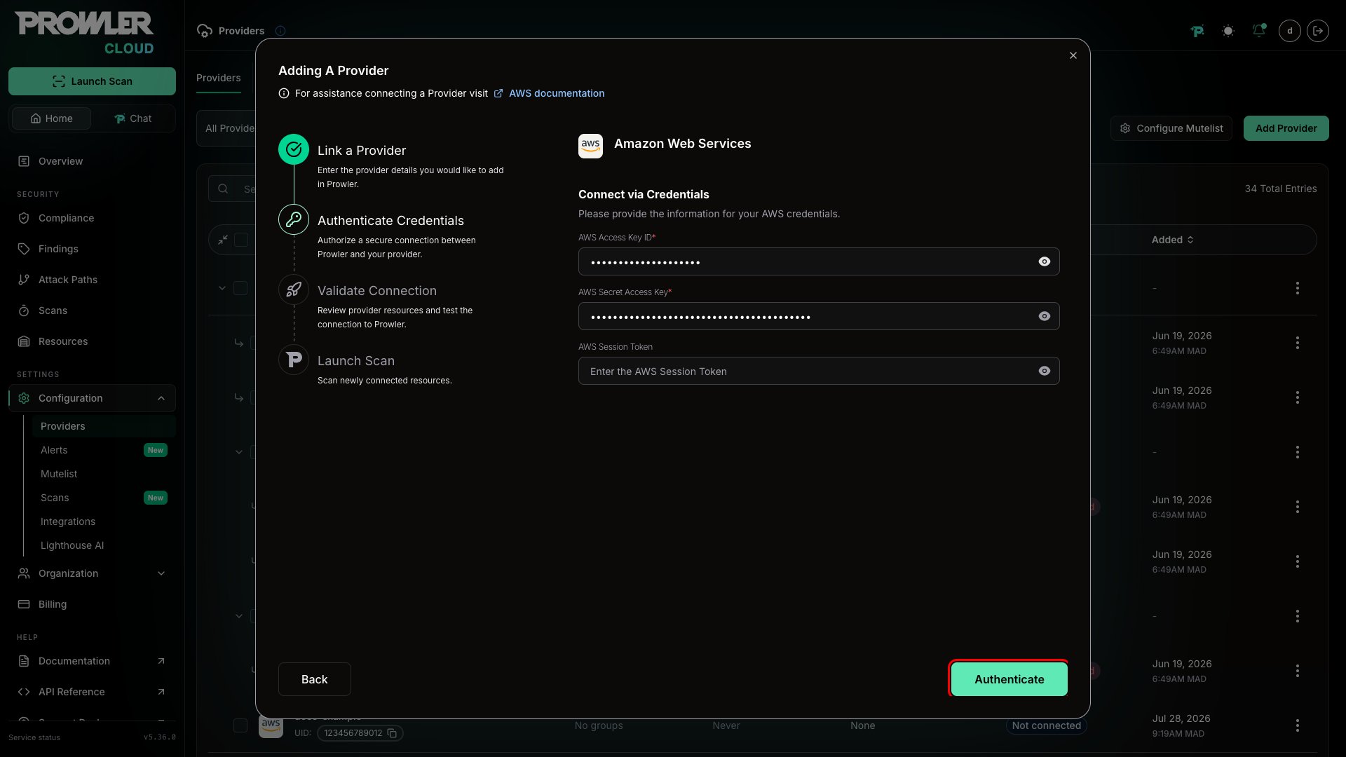 Filled credentials page
