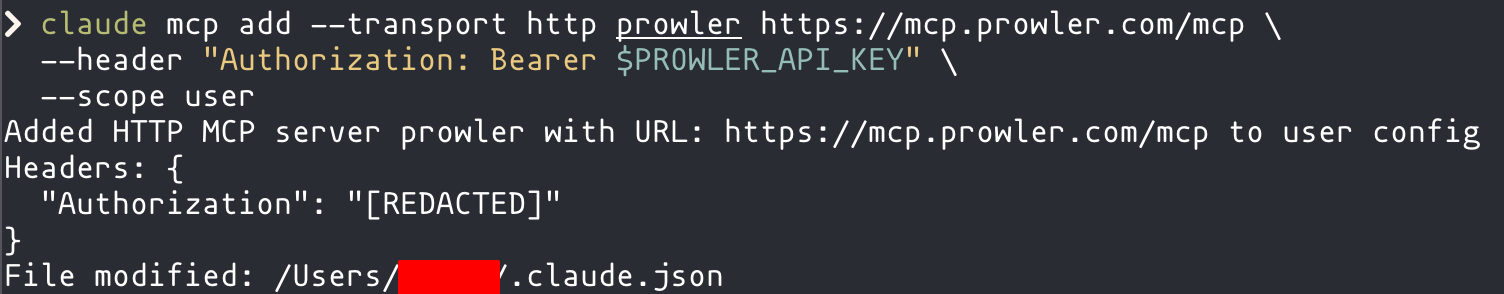 Terminal showing the claude mcp add command and its confirmation output