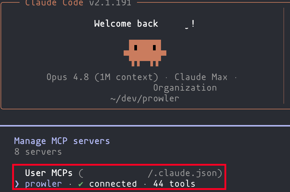 Claude Code session showing the /mcp command output with the Prowler server connected