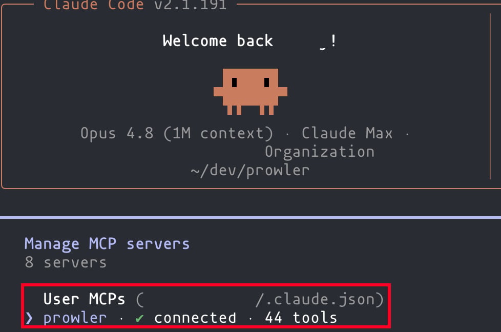 Claude Code session showing the /mcp command output with the Prowler server connected