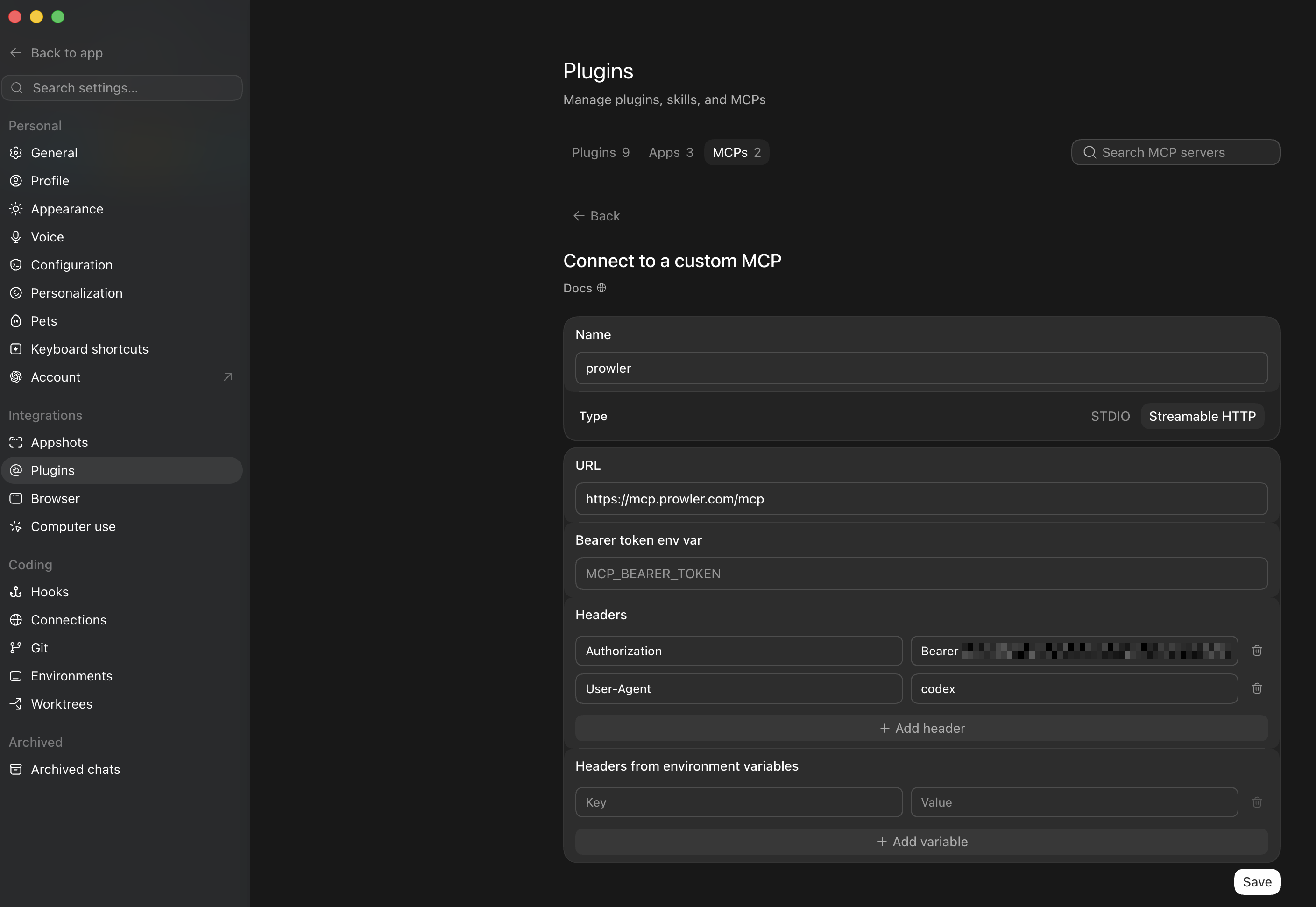 Codex / ChatGPT desktop app Settings showing the MCP servers panel with the Add server dialog and both headers filled in
