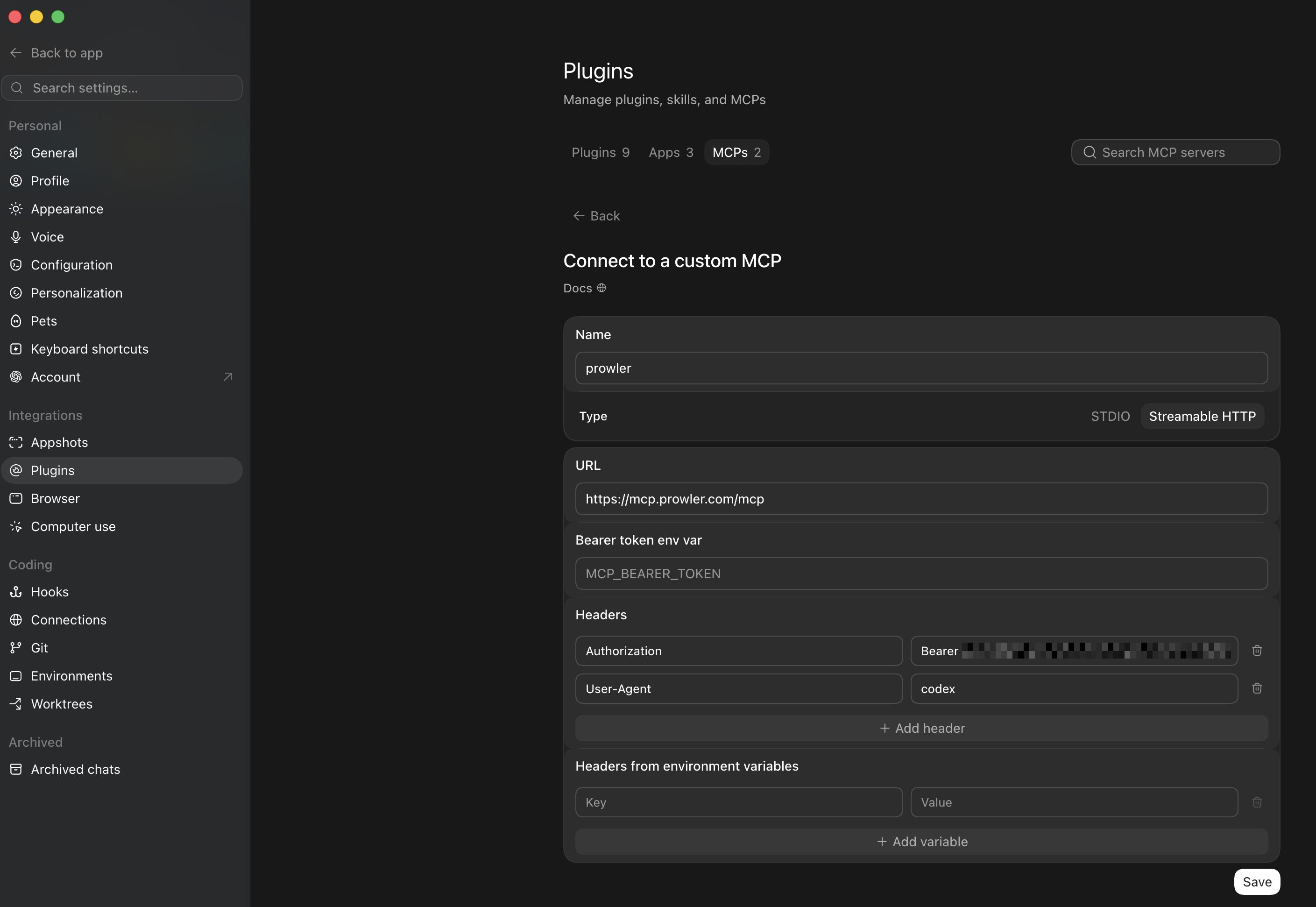 Codex / ChatGPT desktop app Settings showing the MCP servers panel with the Add server dialog and both headers filled in