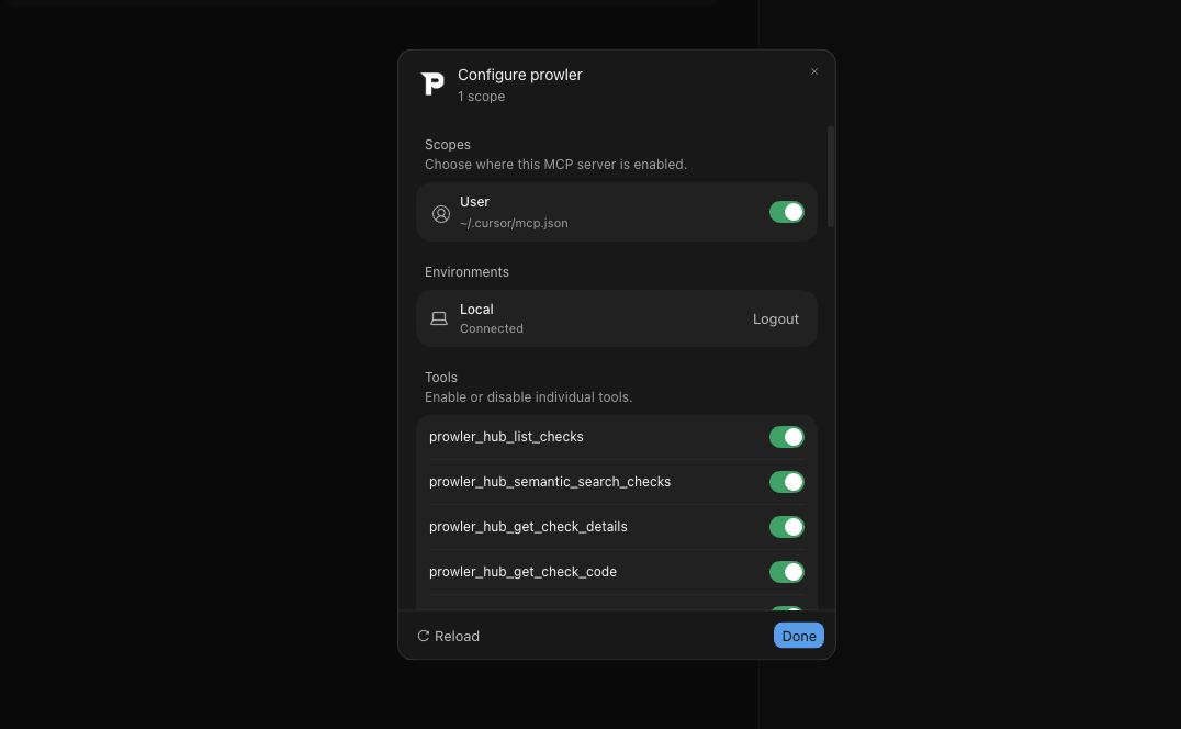 Cursor MCP settings showing the Prowler server connected with its tools listed