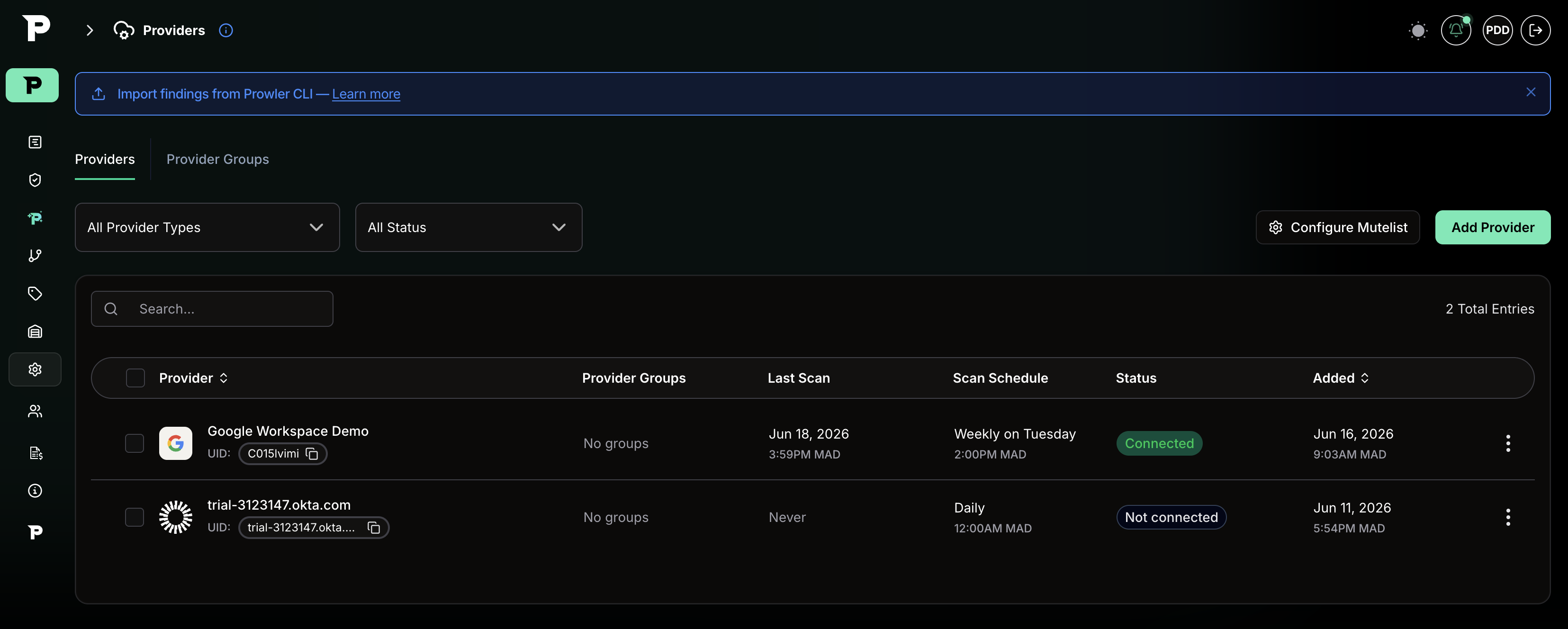 Scan scheduling from the Providers page