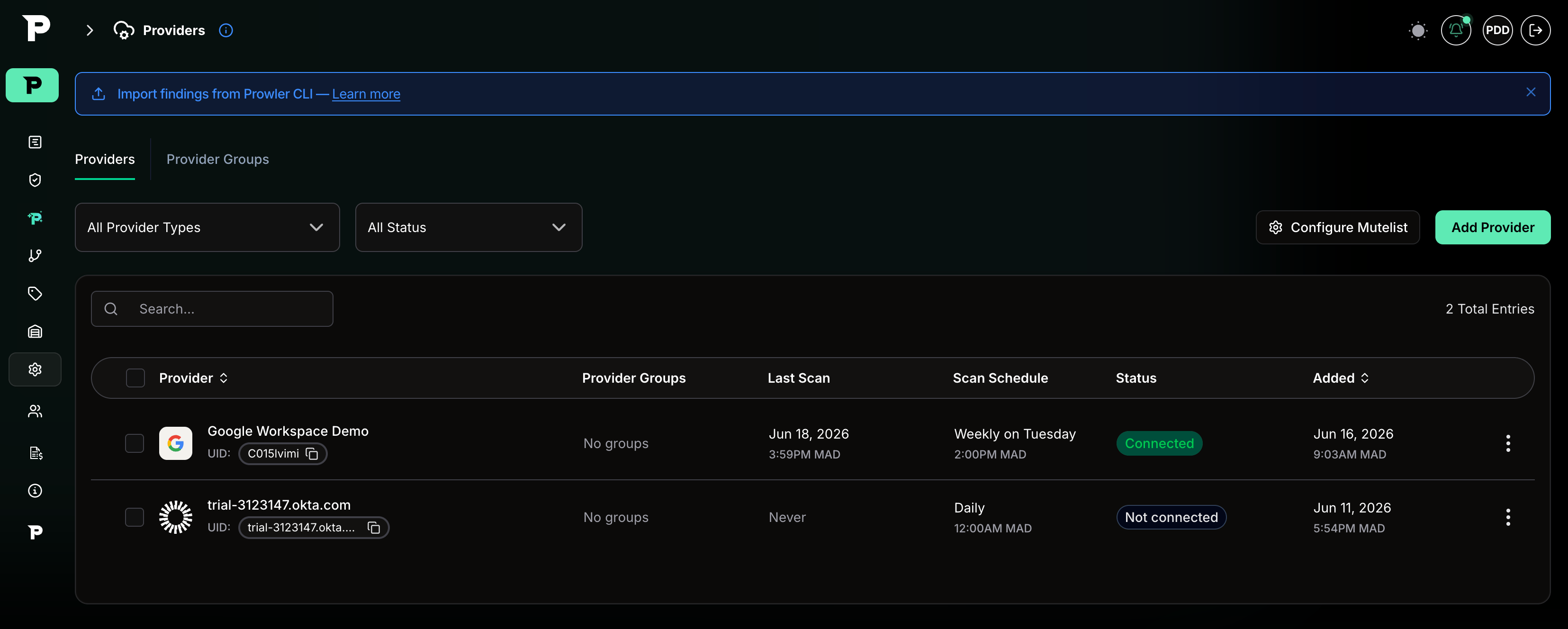 Scan scheduling from the Providers page