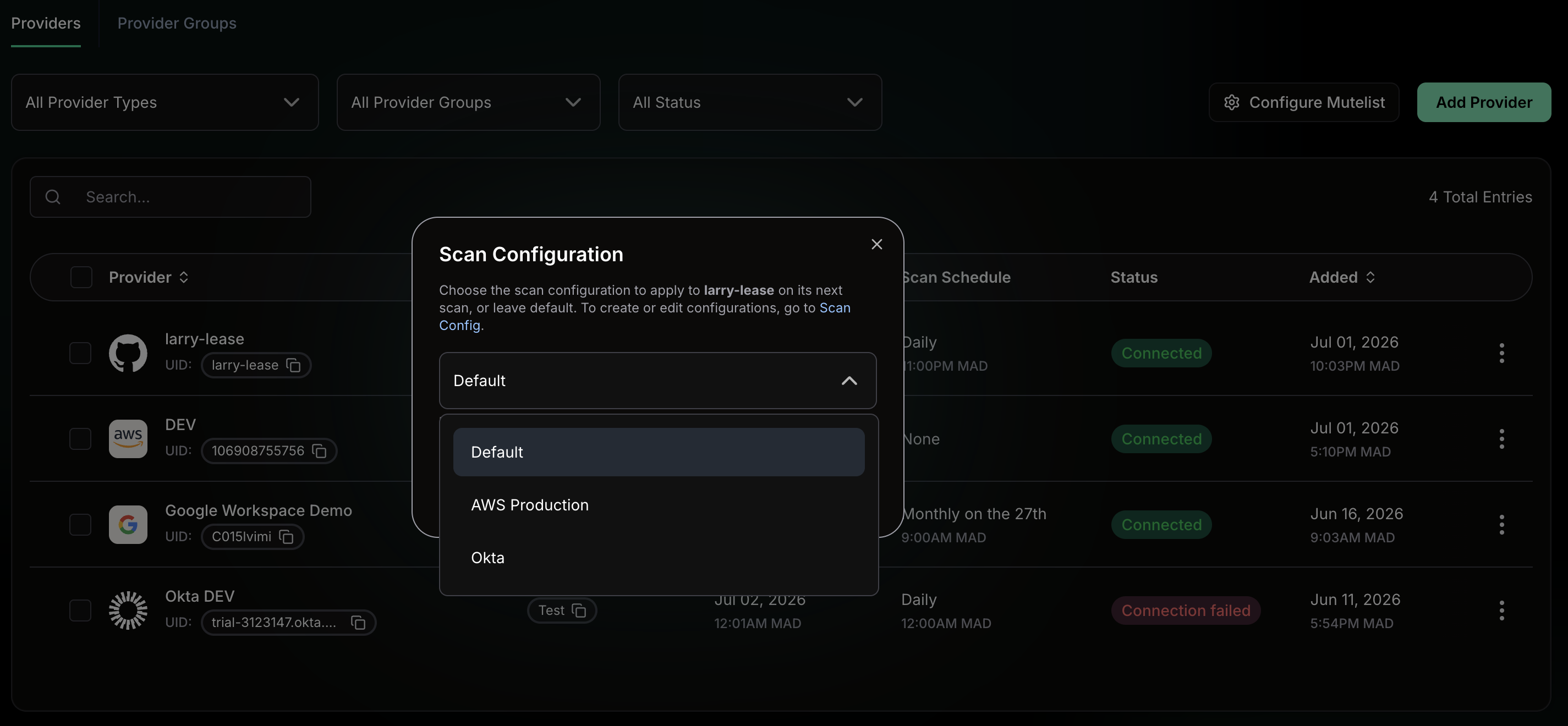 Scan configuration per provider