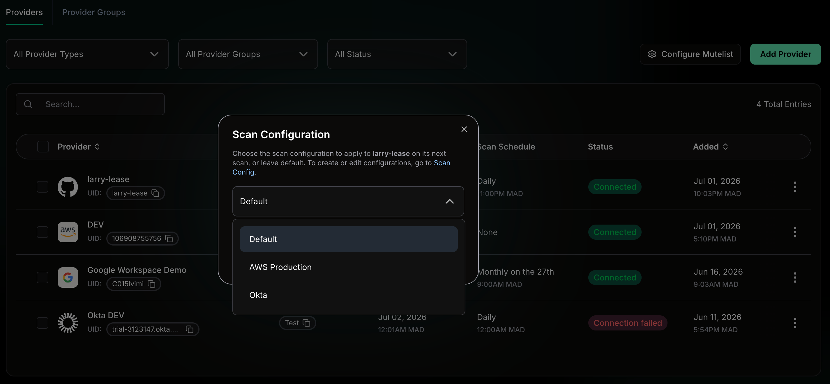 Scan configuration per provider