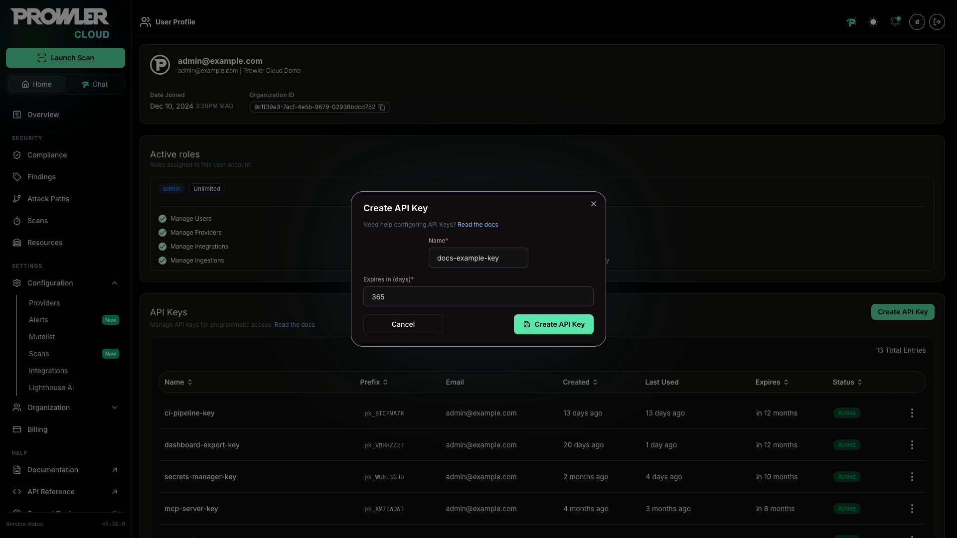 Create API key form