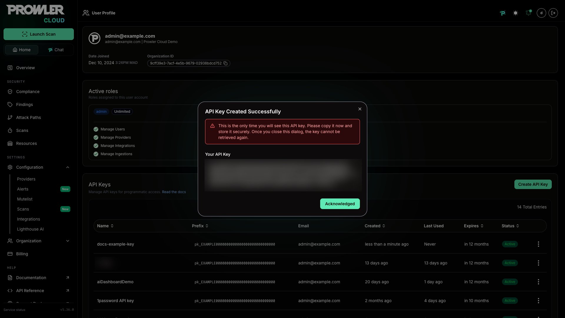 API key created successfully