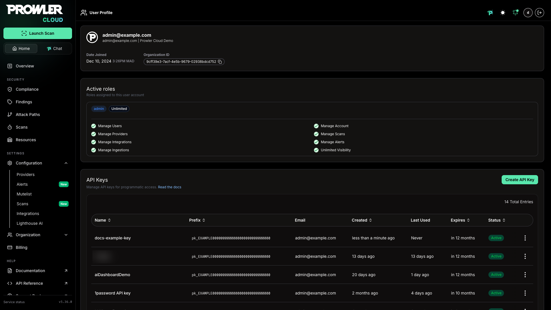 API Keys management interface