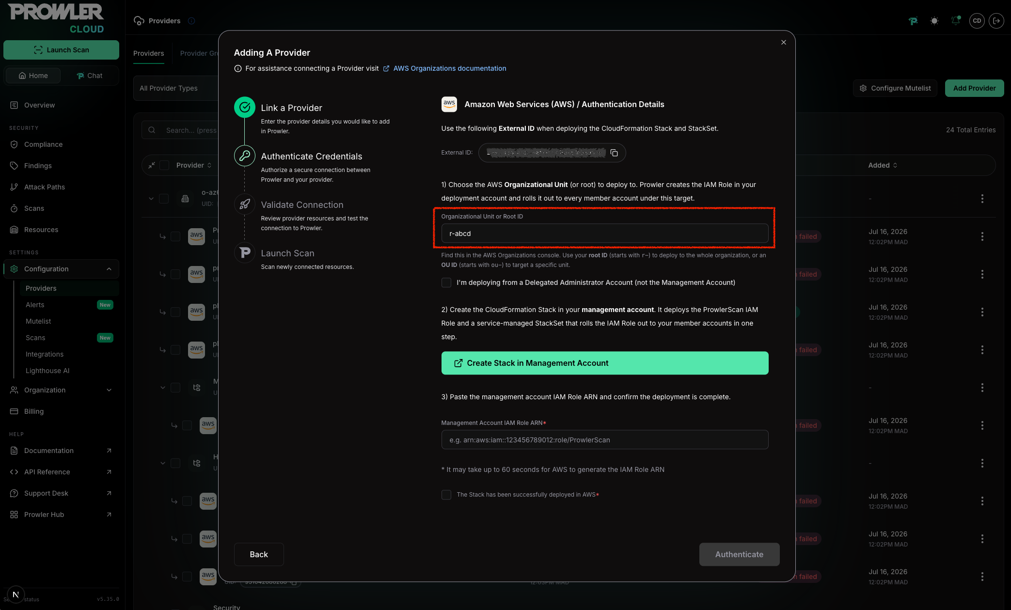 Authentication Details form showing External ID, Organizational Unit or Root ID field, delegated administrator checkbox, deployment account stack button, deployment account Role ARN field, and deployment confirmation checkbox