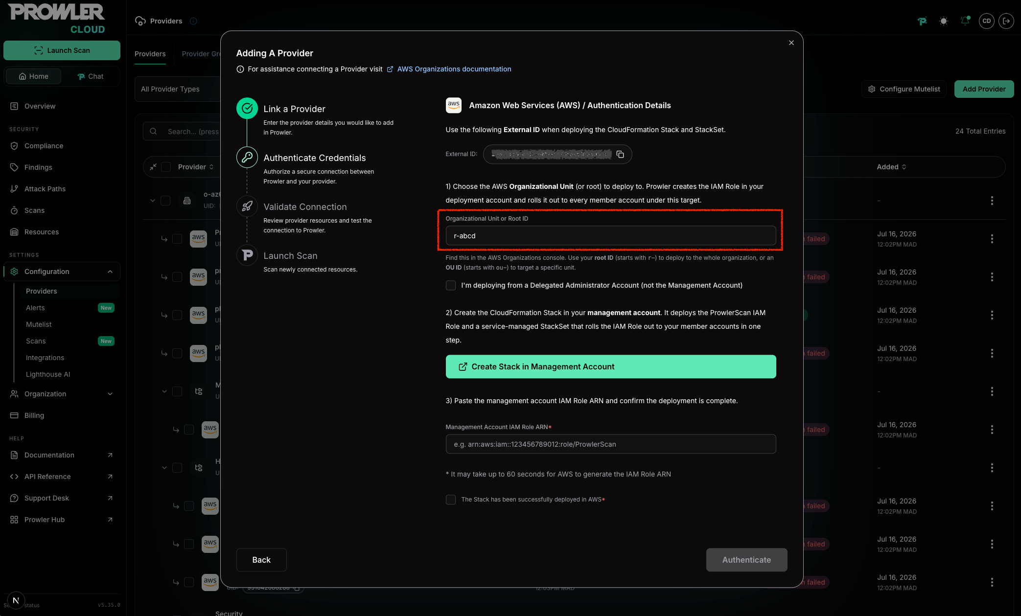 Authentication Details form showing External ID, Organizational Unit or Root ID field, delegated administrator checkbox, deployment account stack button, deployment account Role ARN field, and deployment confirmation checkbox