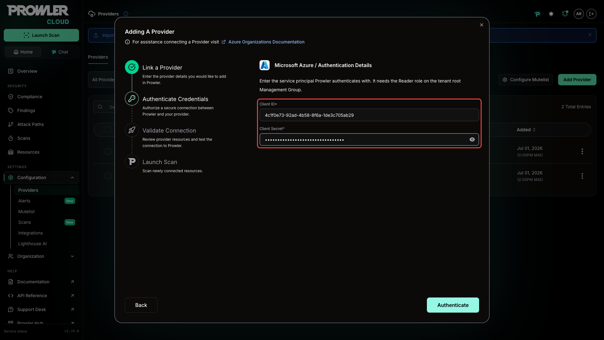 Authentication Details step showing the Client ID and Client Secret fields