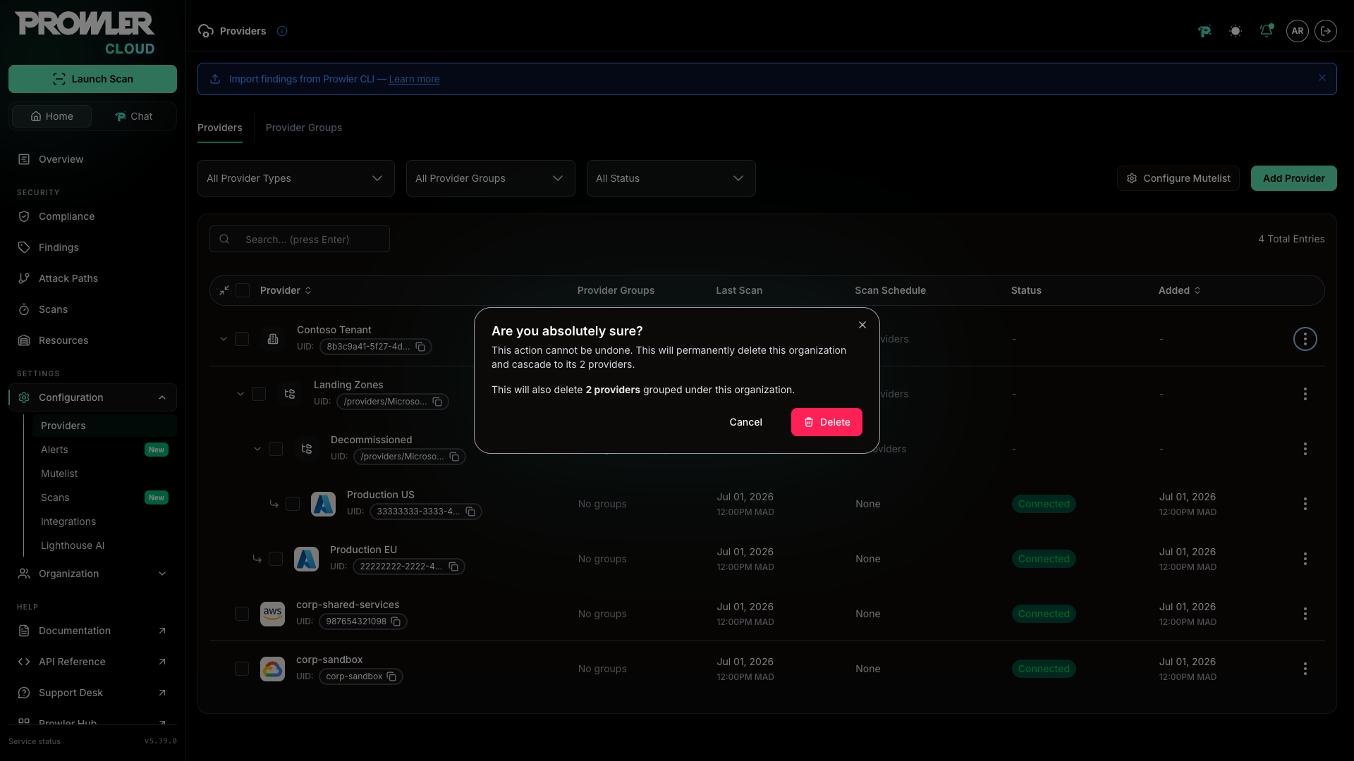 Delete organization dialog showing how many providers are deleted with it