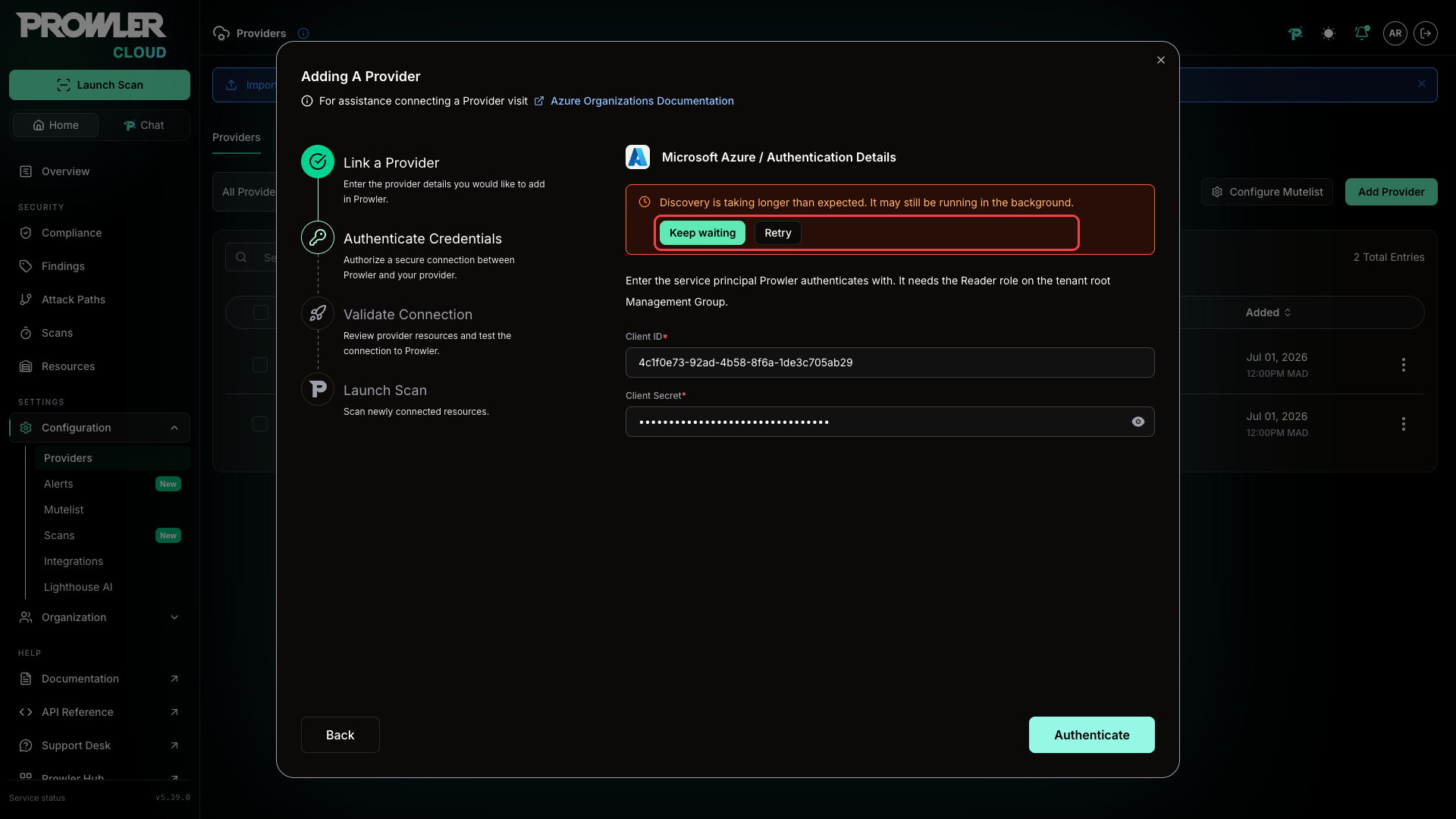 Discovery timeout notice offering Keep waiting and Retry