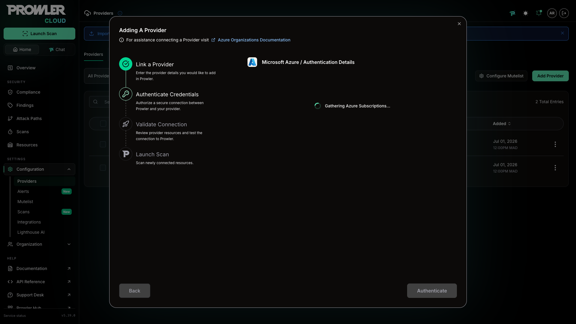 Gathering Azure Subscriptions spinner shown while discovery runs