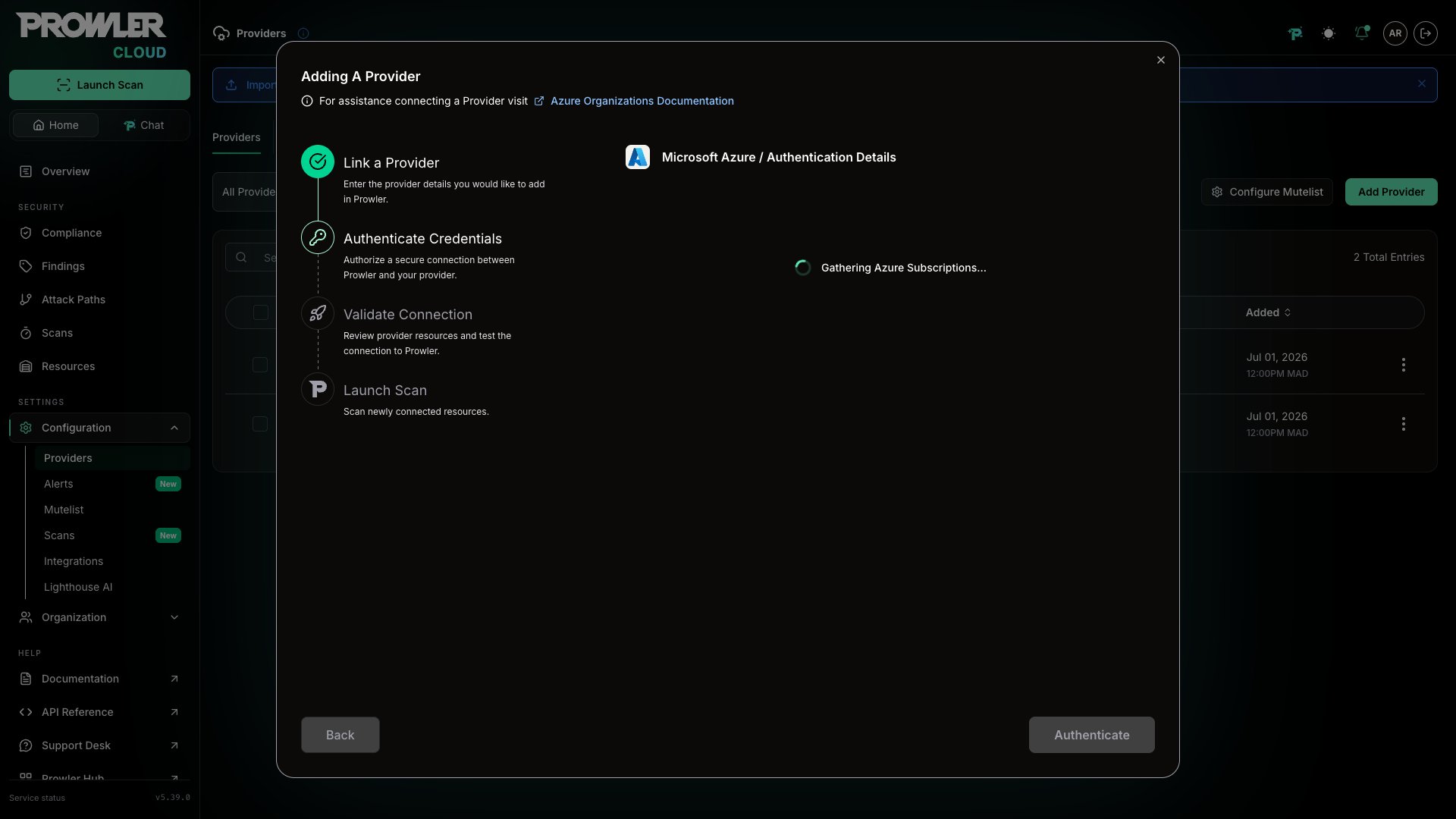 Gathering Azure Subscriptions spinner shown while discovery runs