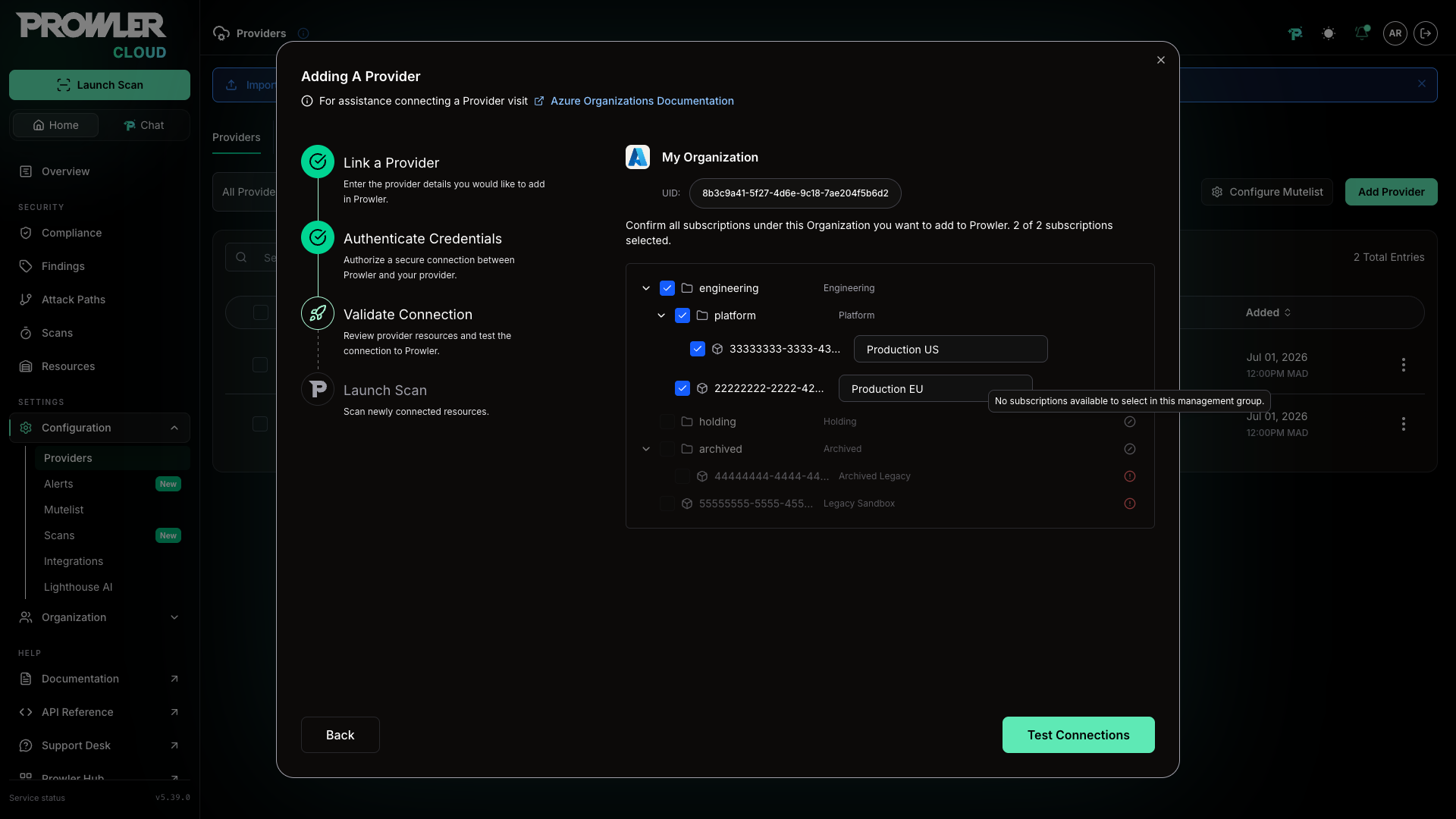 Disabled Management Group row noting that no subscriptions are available to select