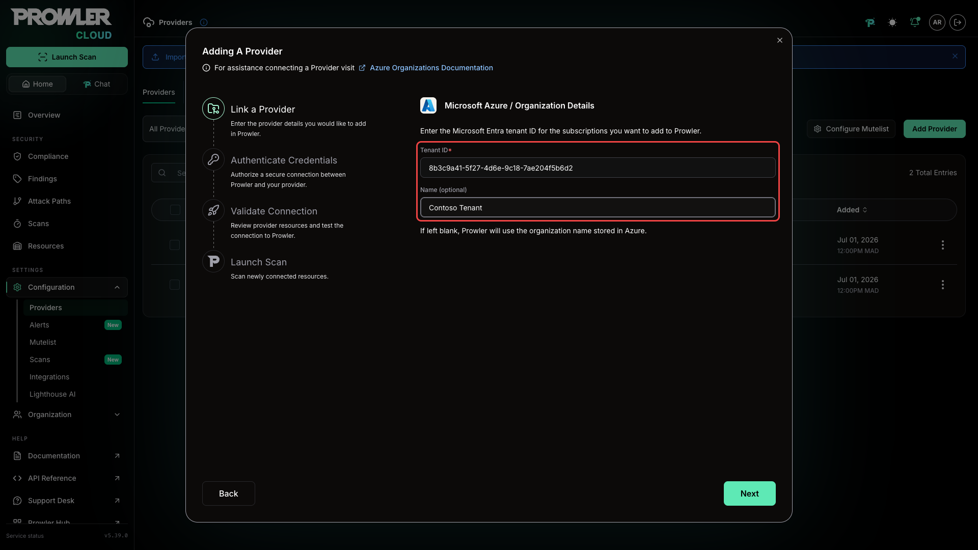 Organization Details form with the Microsoft Entra tenant ID and Name fields