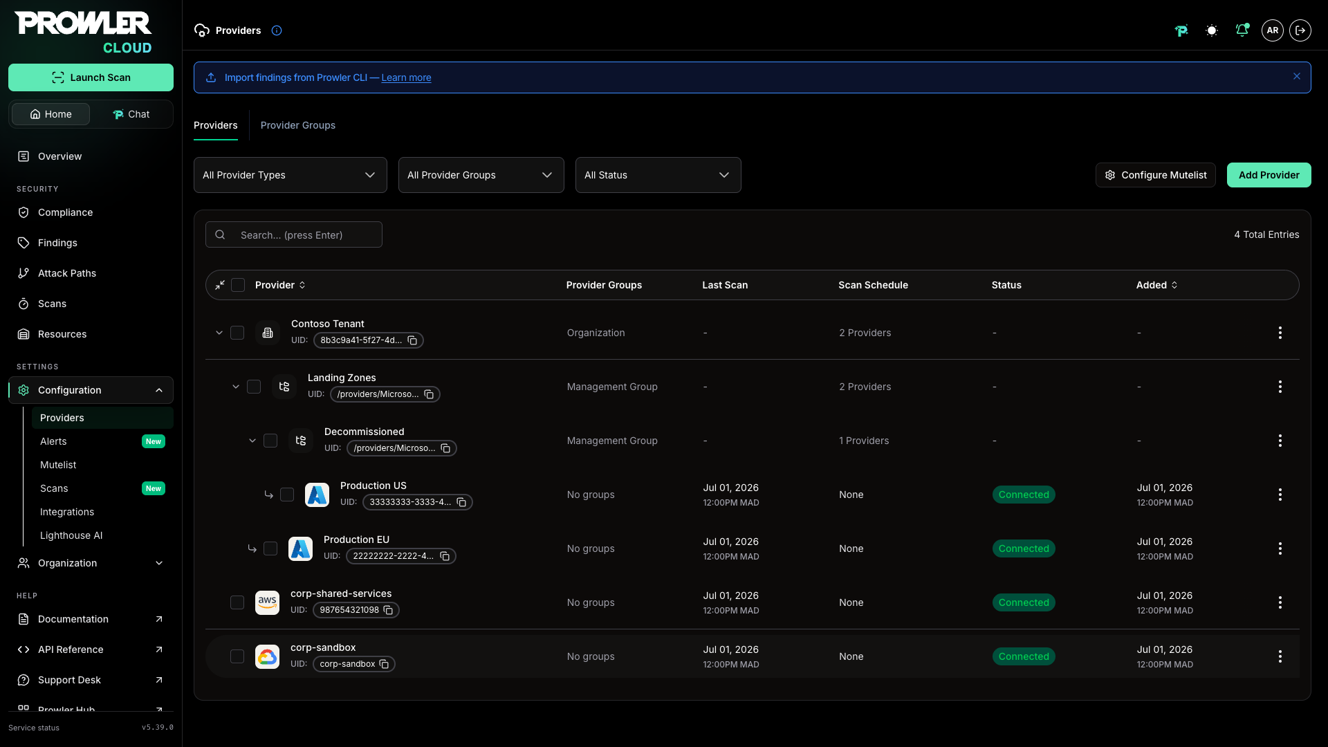 Providers page showing subscriptions grouped under Azure Management Groups and the organization