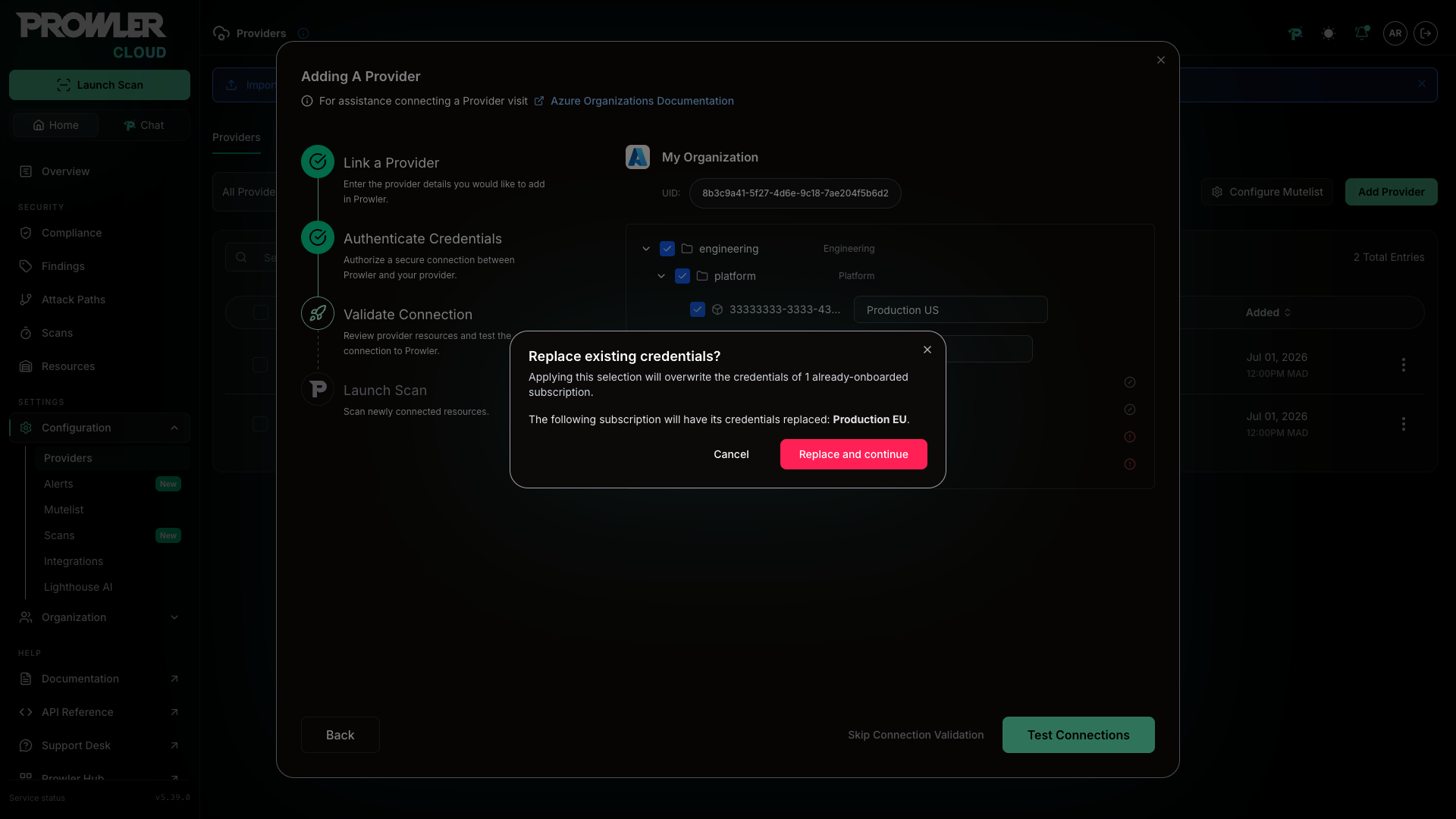 Replace existing credentials modal listing the subscriptions whose credentials will be replaced