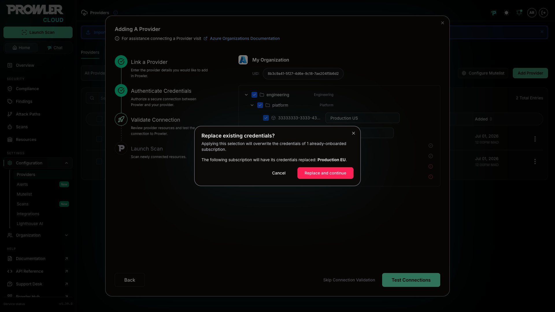 Replace existing credentials modal listing the subscriptions whose credentials will be replaced