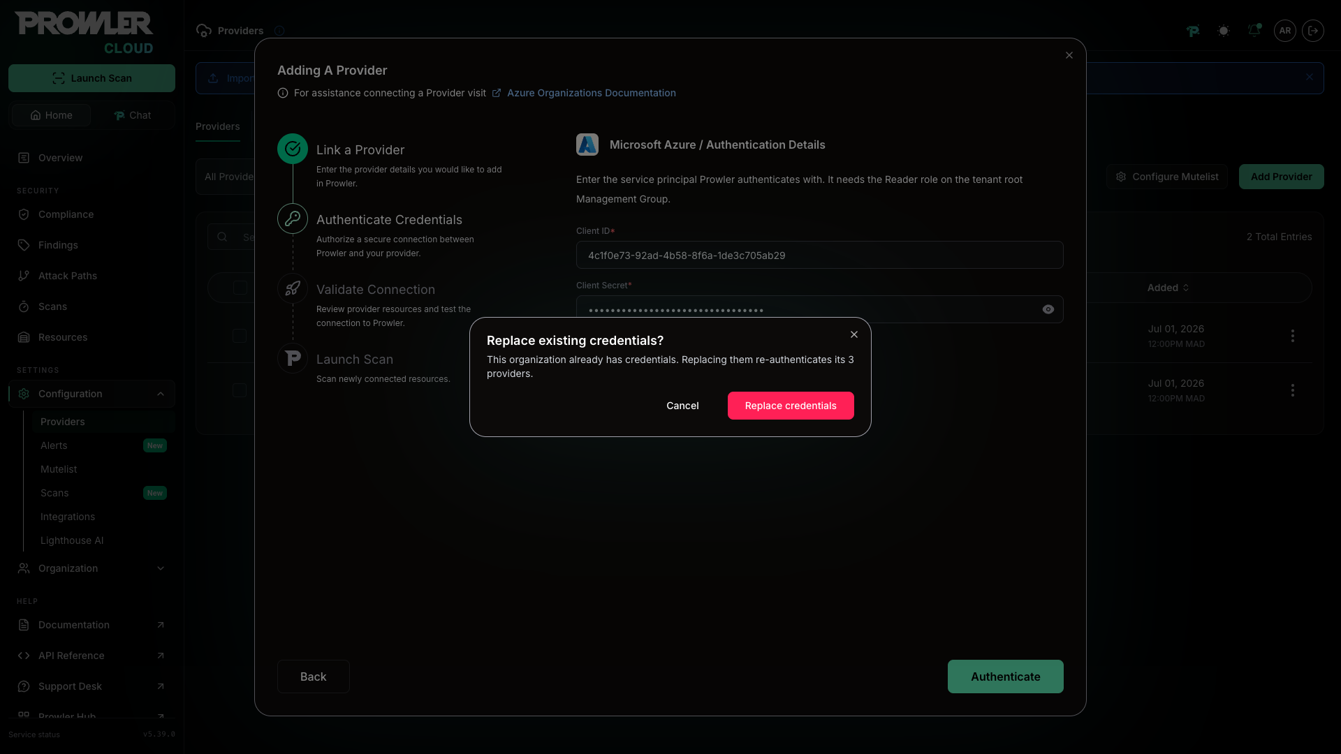 Replace existing credentials modal showing how many providers re-authenticate