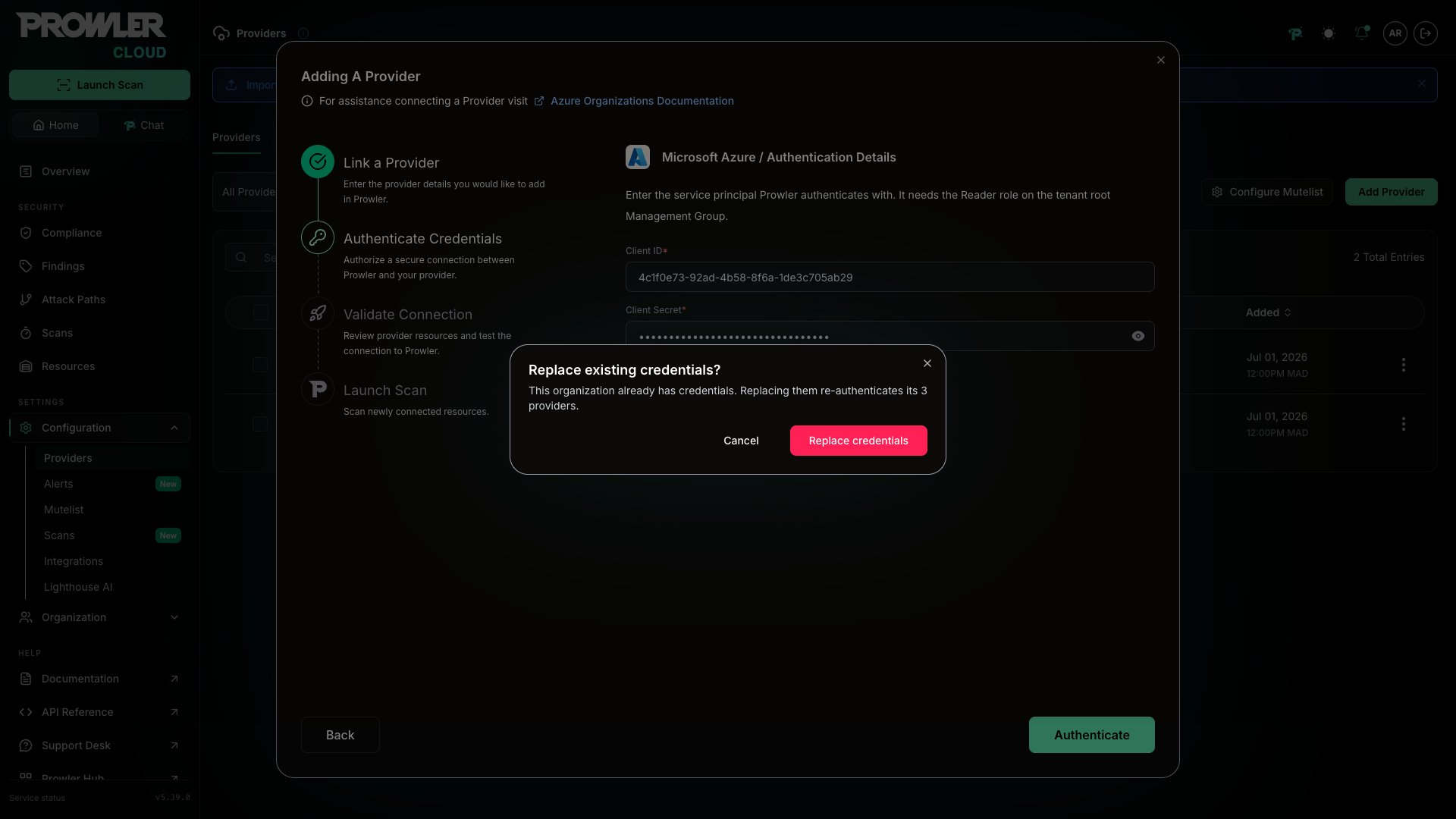 Replace existing credentials modal showing how many providers re-authenticate