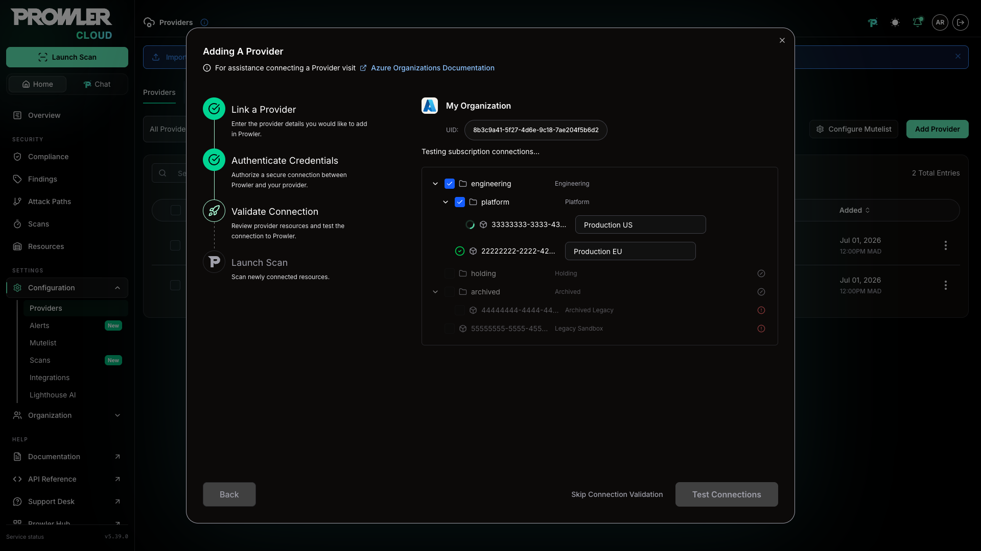 Connection testing in progress with status icons on each subscription