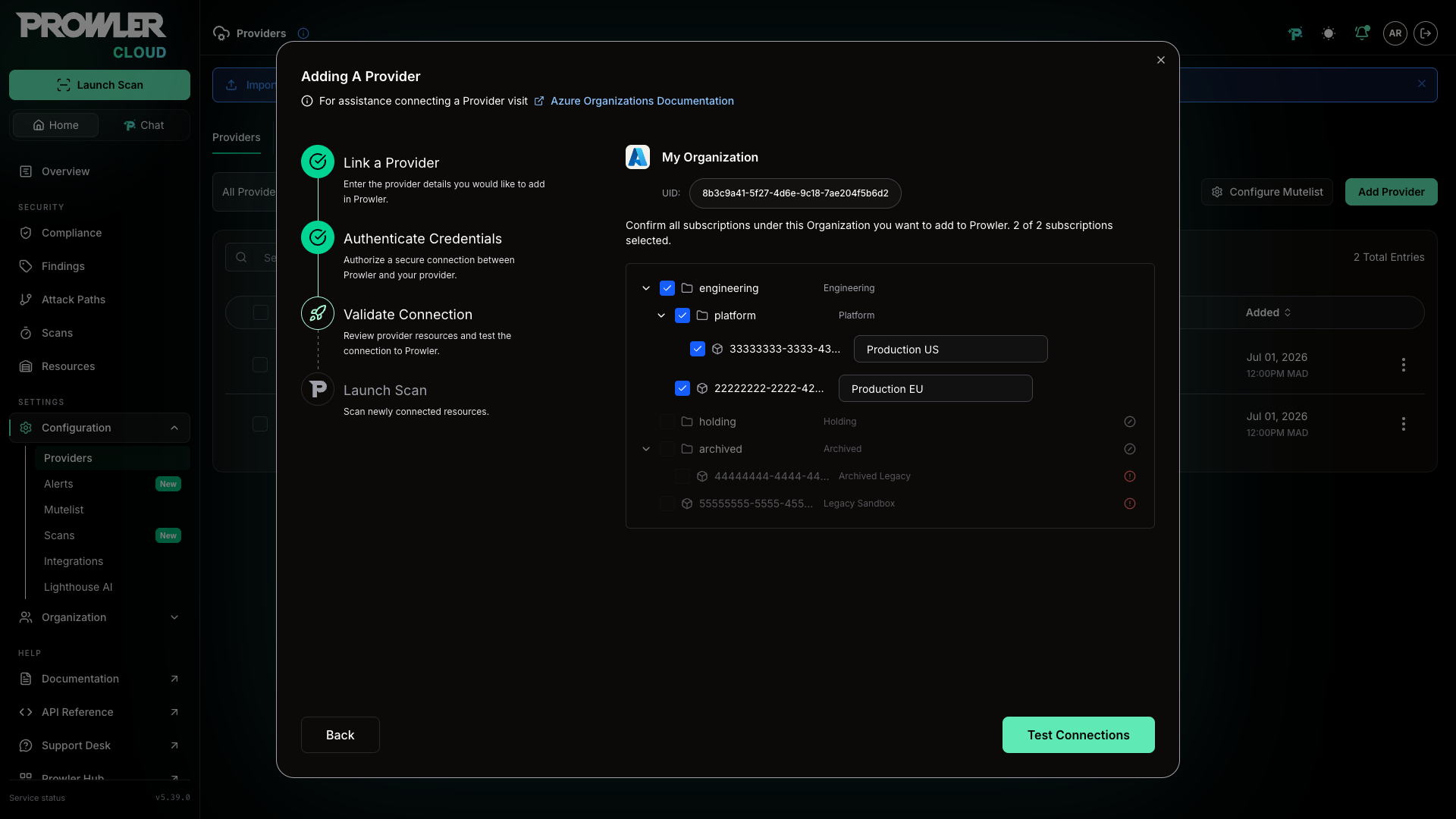 Hierarchical tree view showing Management Groups and subscriptions with selection checkboxes