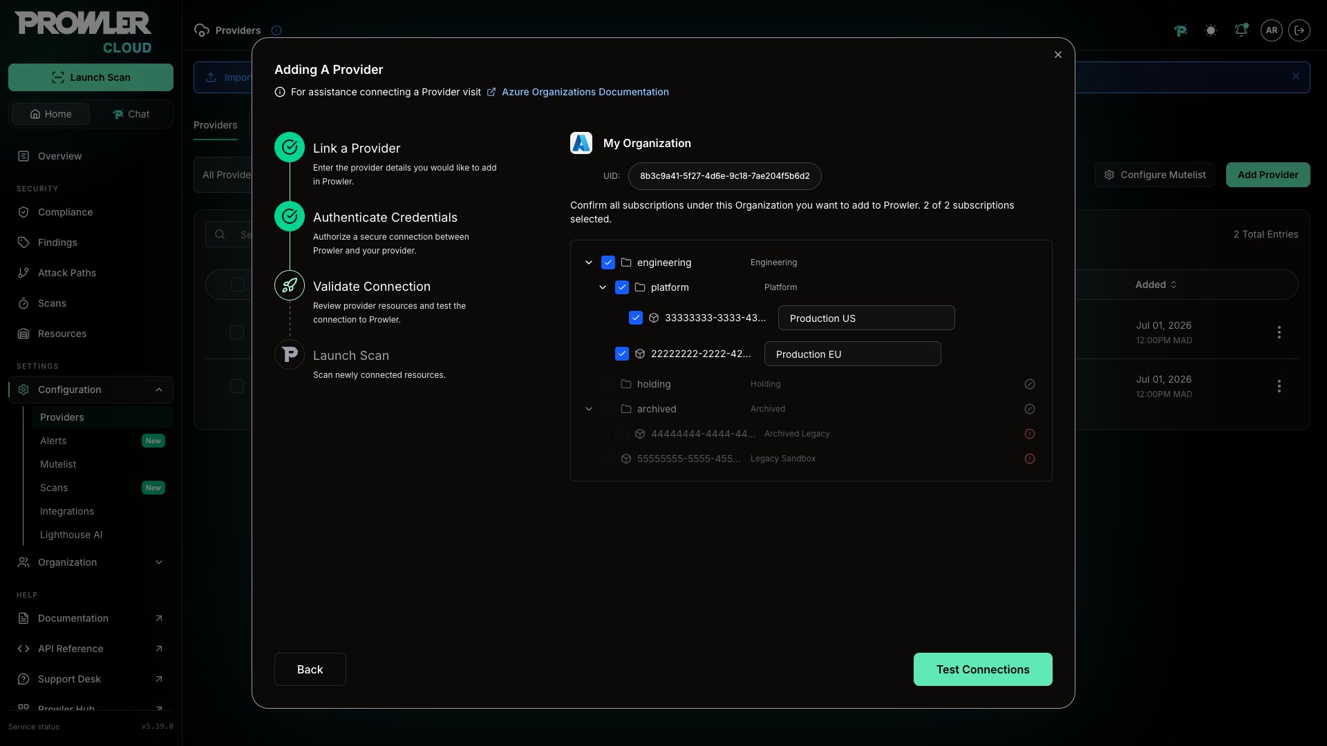 Hierarchical tree view showing Management Groups and subscriptions with selection checkboxes