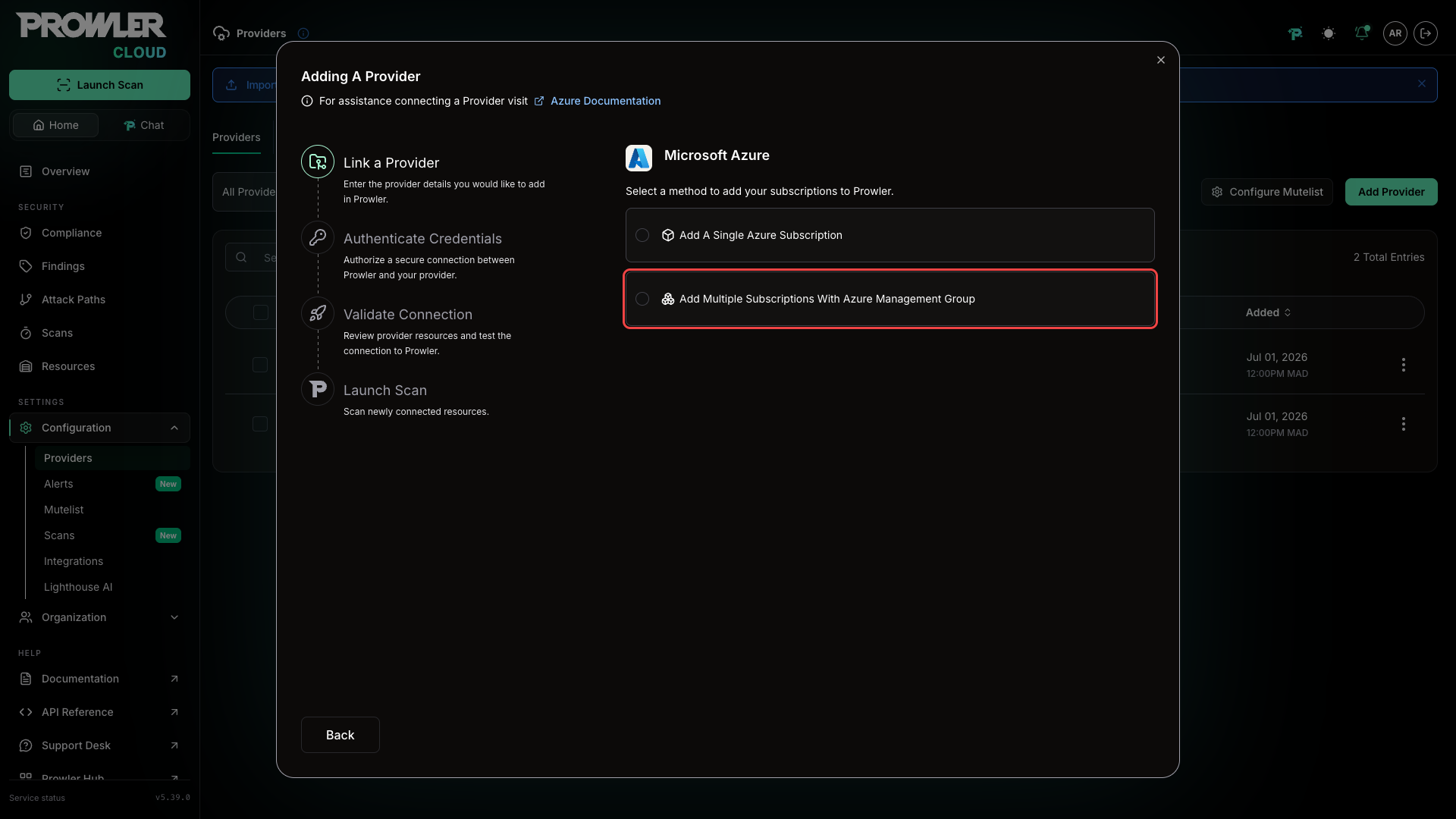 Method selector showing the Add Multiple Subscriptions With Azure Management Group option highlighted