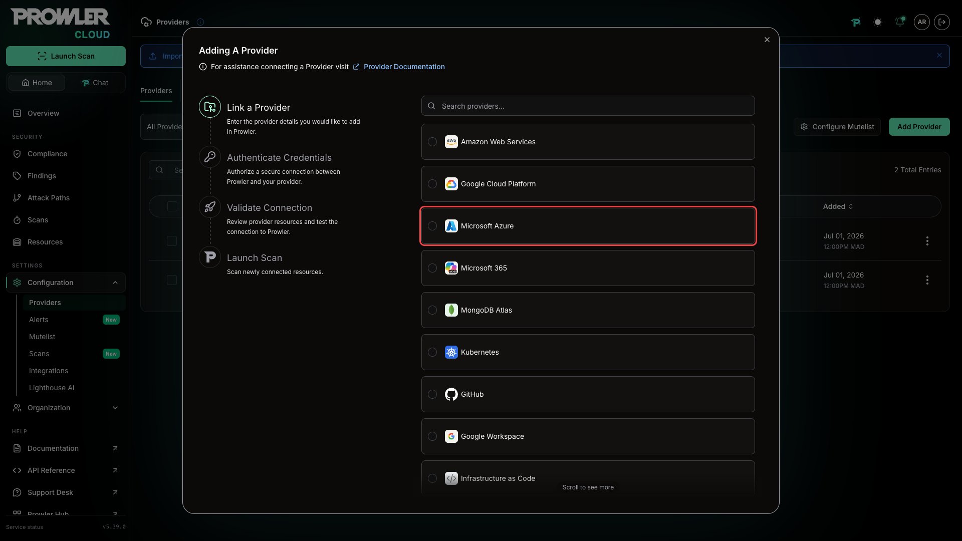Provider selection modal with Microsoft Azure highlighted