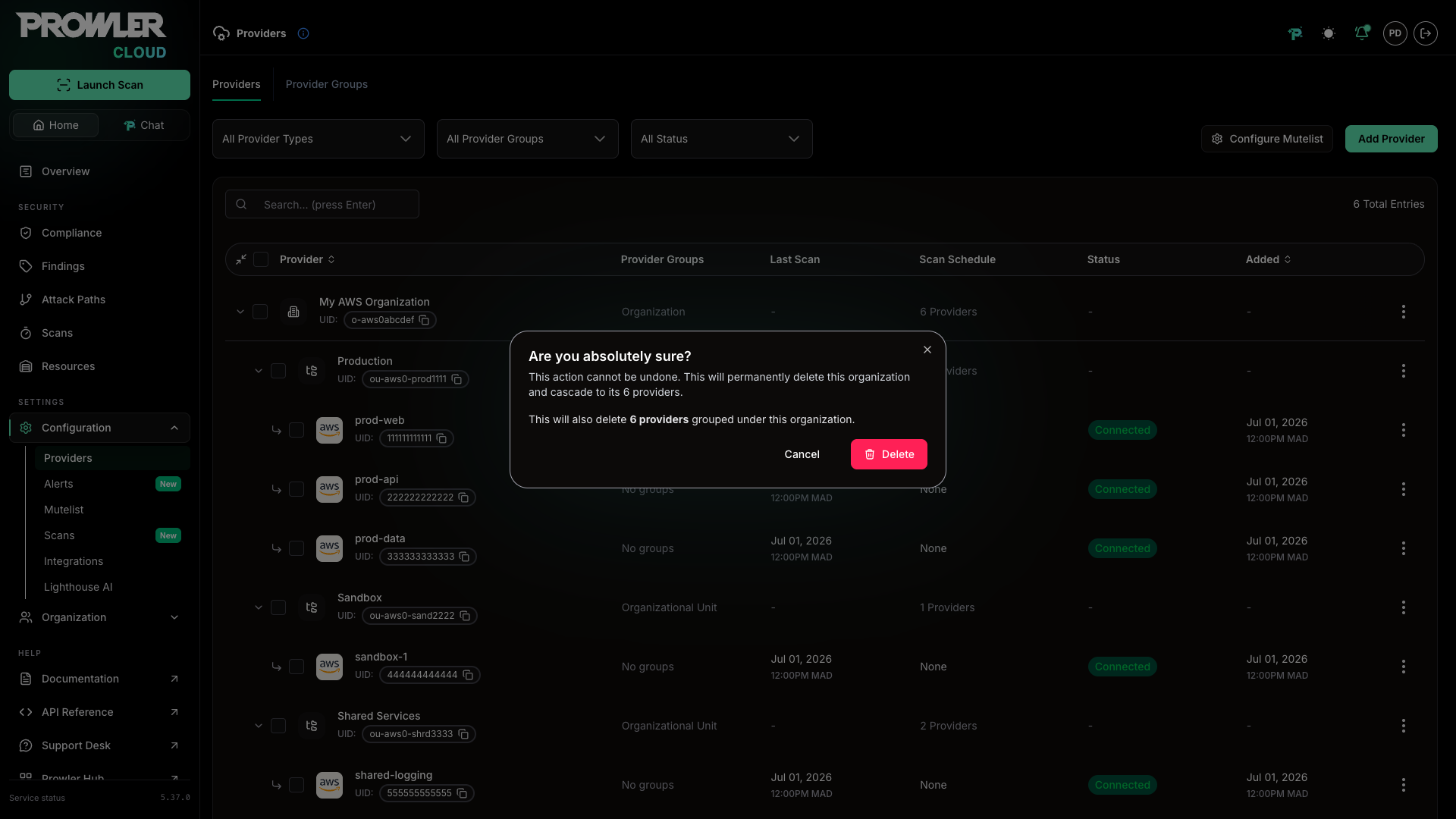 Delete organization dialog showing how many providers are deleted with it