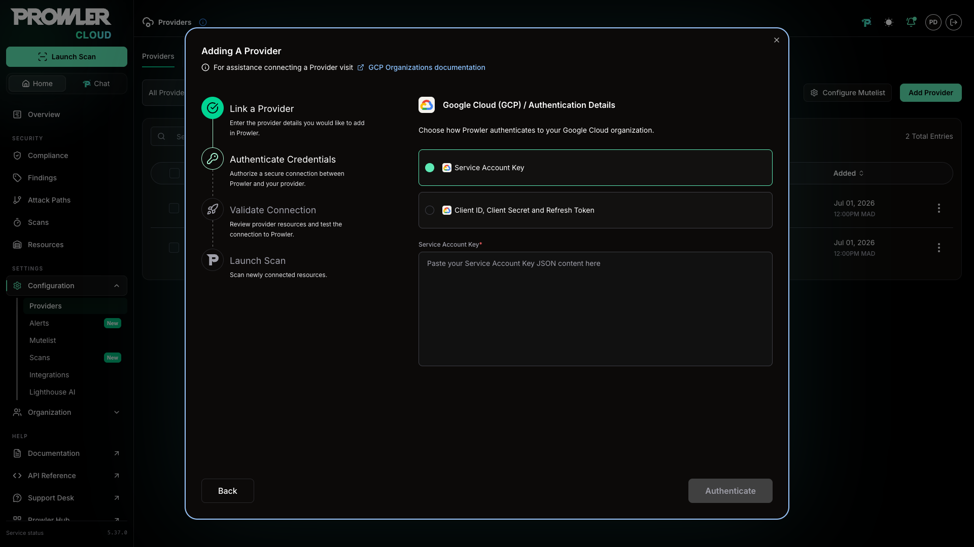 Authentication Details step showing the Service Account Key and Client ID methods