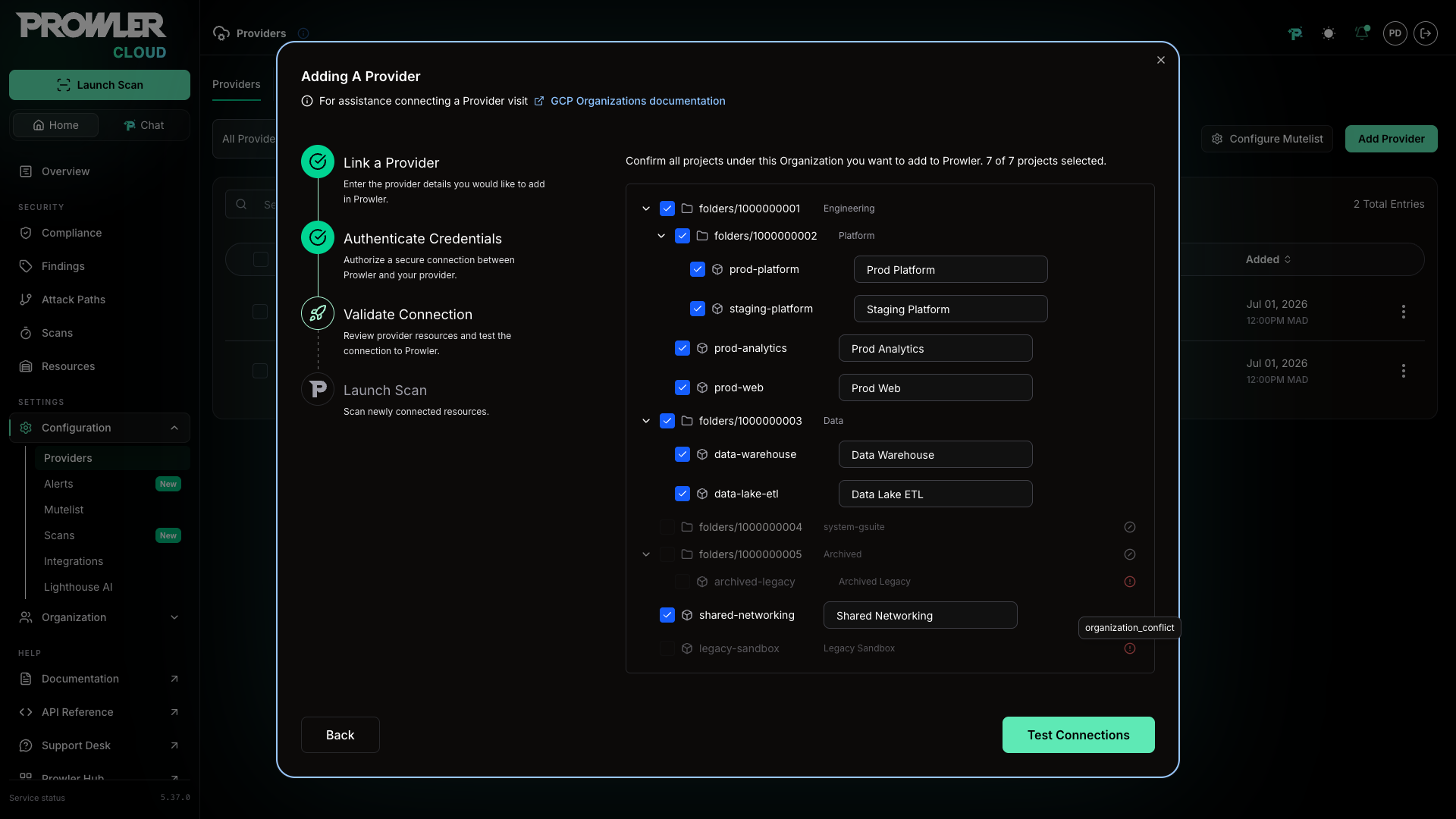 Blocked project row with the reason shown in a tooltip