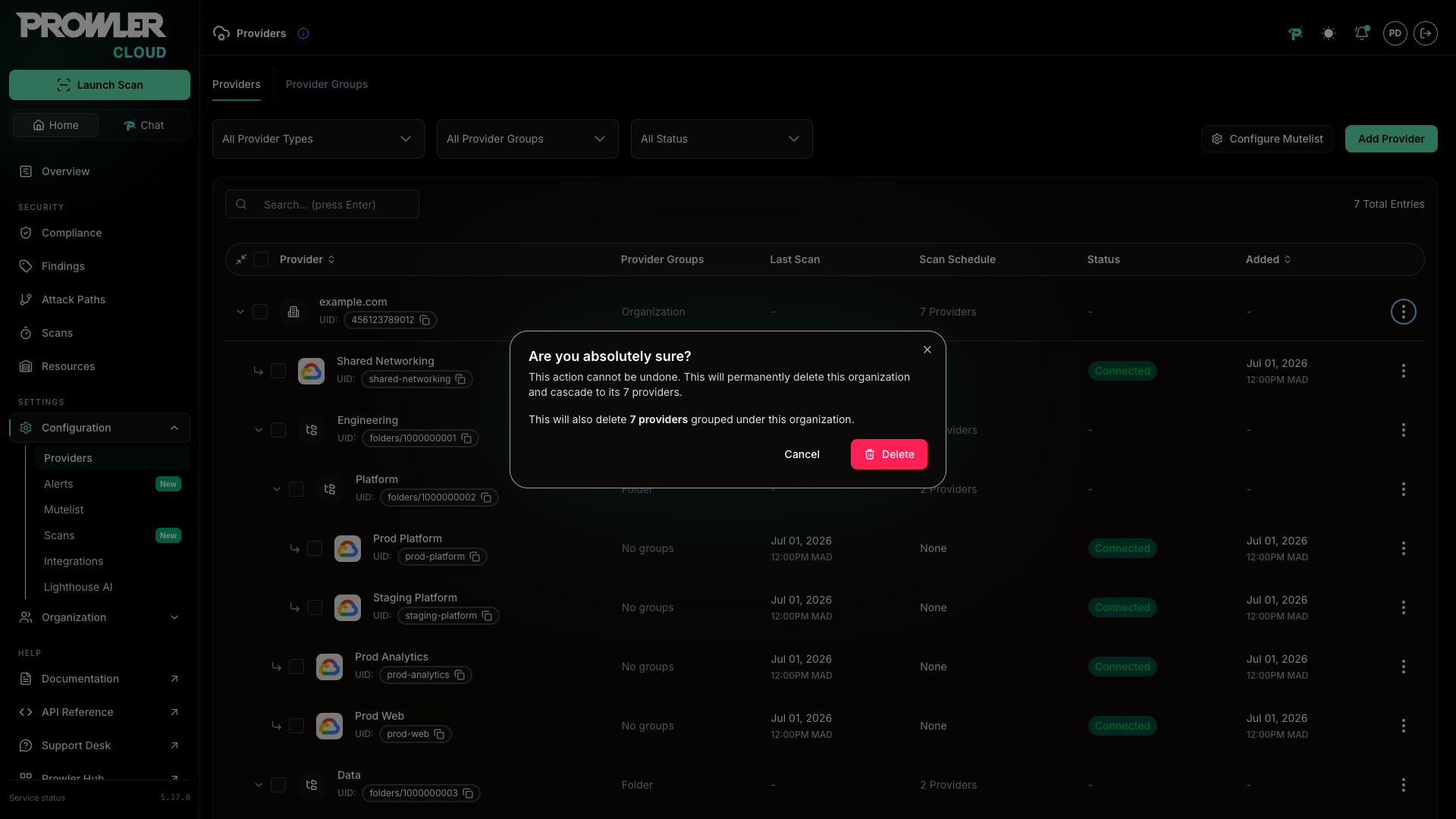 Delete organization dialog showing how many providers are deleted with it